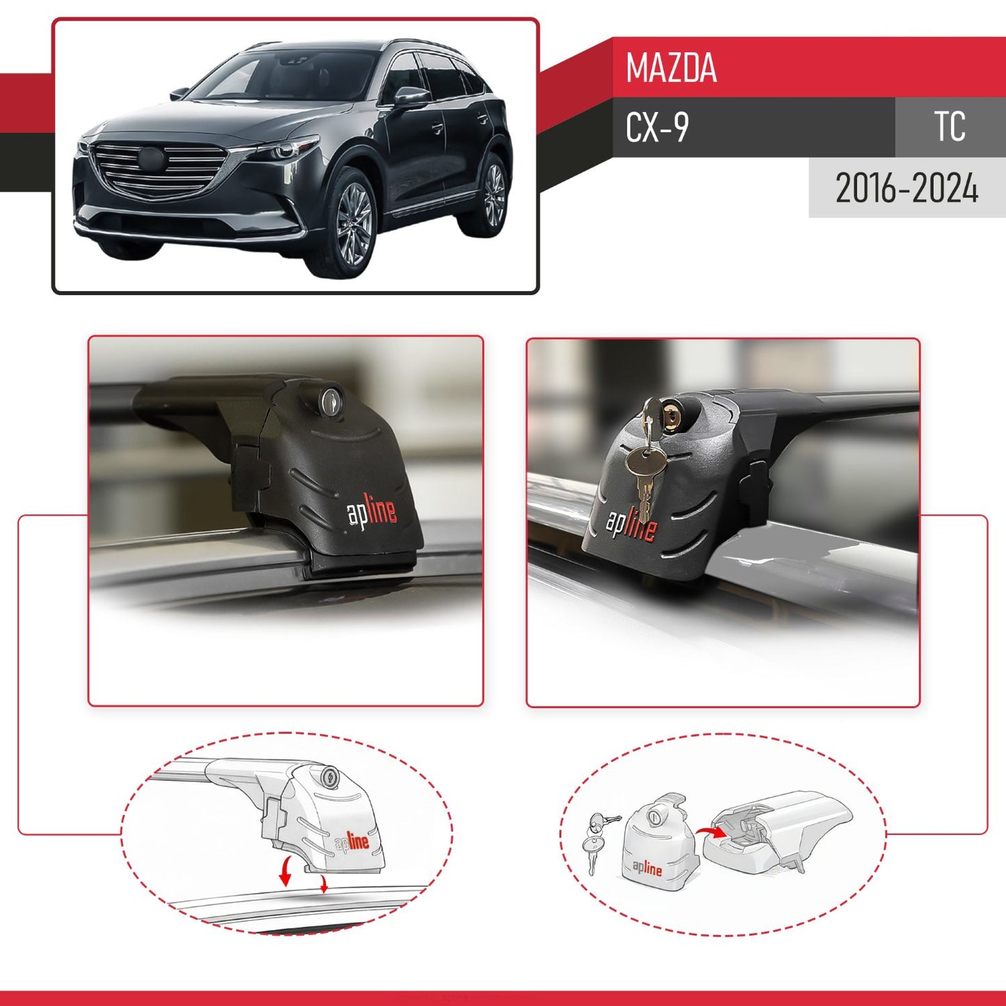 Compatible avec Mazda CX-9 (TC) 2016-2024 ACE-2 modèle Barres de Toit Railing Porte-Bagages de Voiture Noir Aluminium Barres