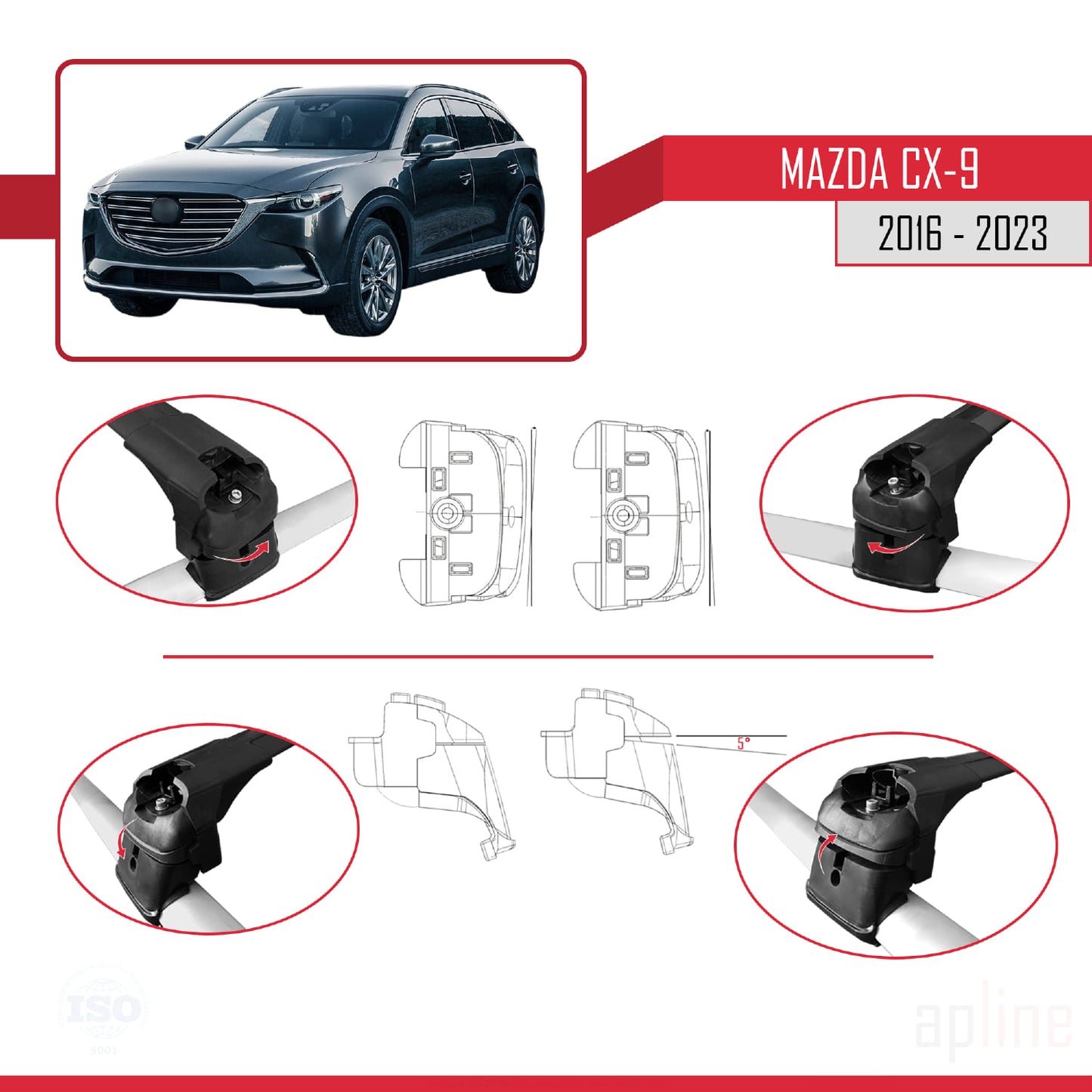 Compatible avec Mazda CX-9 2016-2023 ACE-2 Barres de Toit Railing Porte-Bagages de Voiture Noir Aluminium 2 Barres