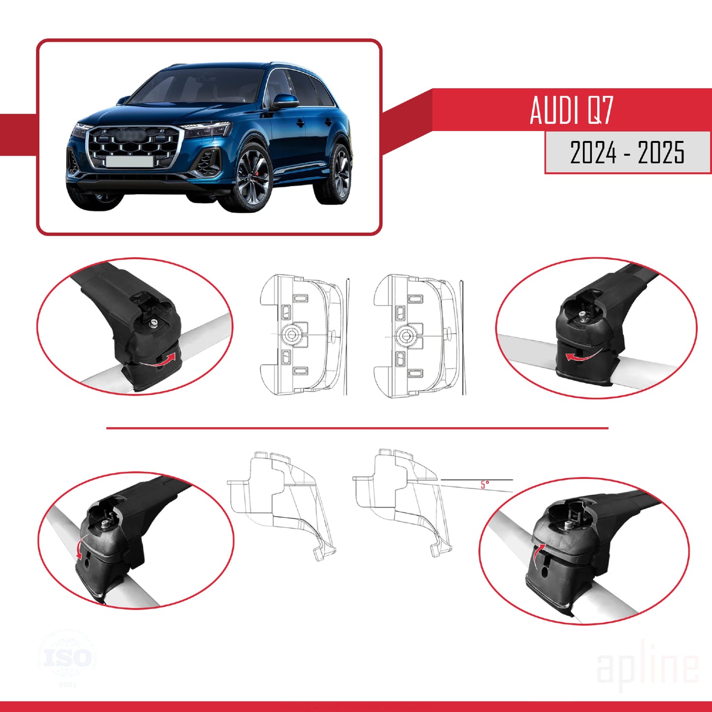 Compatible avec Audi Q7 2024-2025 ACE-2 Barres de Toit Railing Porte-Bagages de Voiture Noir Aluminium 2 Barres