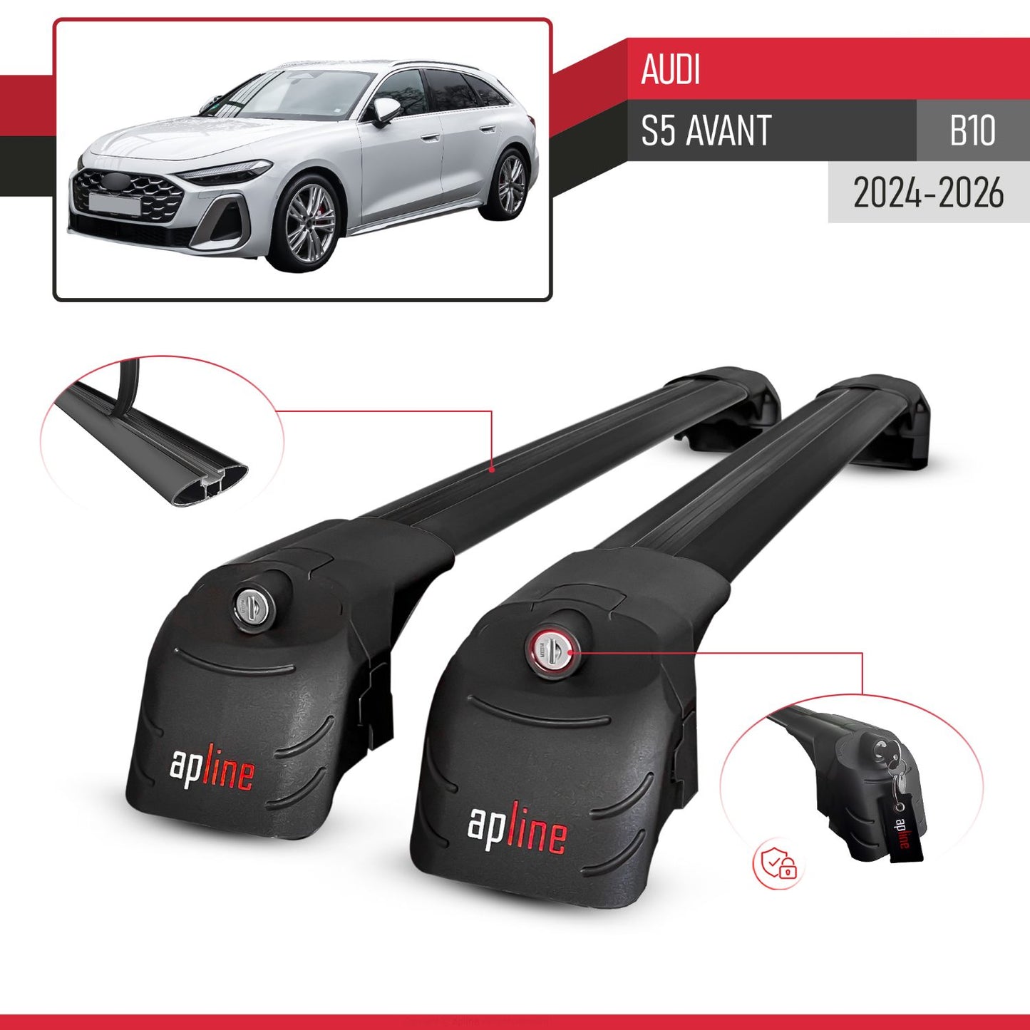 Compatible avec Audi S5 Avant (B10) 2024-2026 ACE-2 modèle Barres de Toit Railing Porte-Bagages de Voiture Noir Aluminium Barres