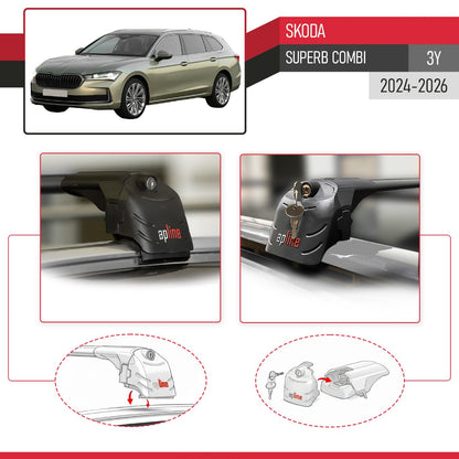 Compatible avec Skoda Superb Combi (3Y) 2024-2026 ACE-2 modèle Barres de Toit Railing Porte-Bagages de Voiture Noir Aluminium Barres