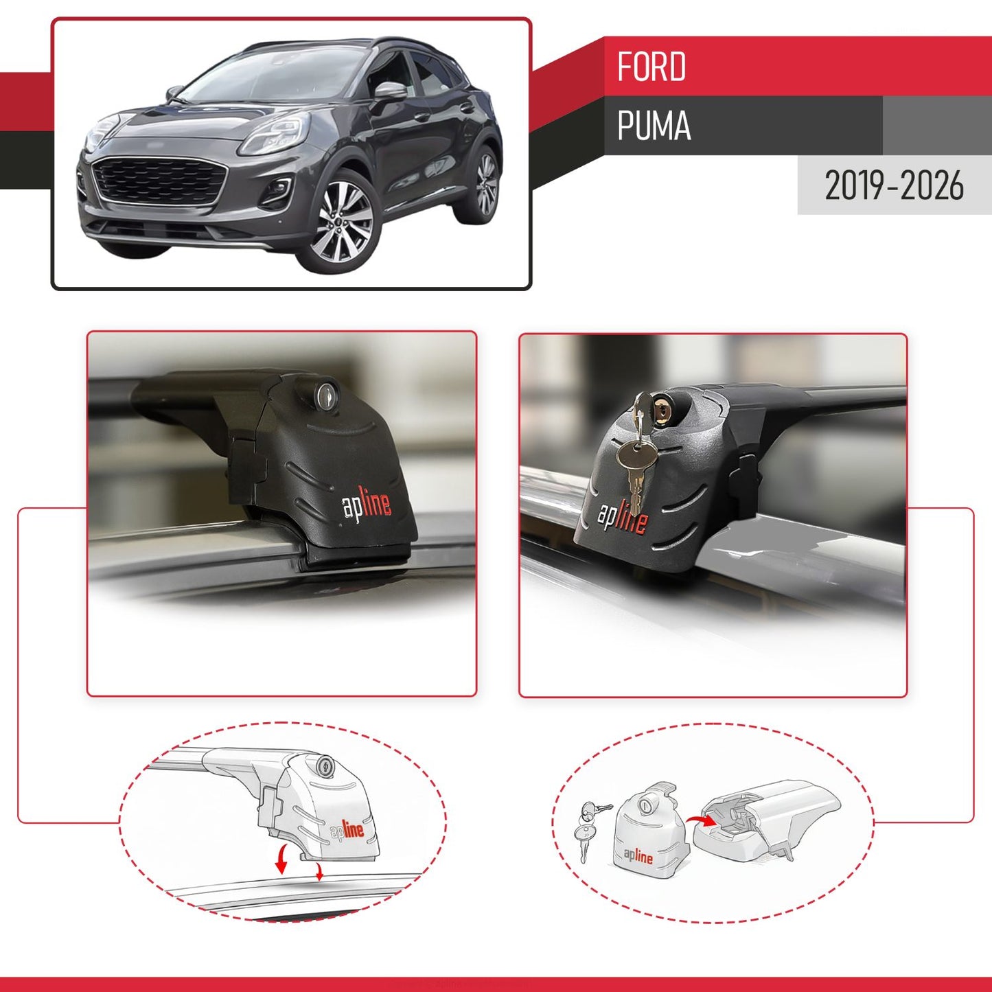 ACE-2 Dakdrager bagagedrager compatibel met Ford Puma 2019-2024 Spoorstaven Zwart Aluminium 2 Staven