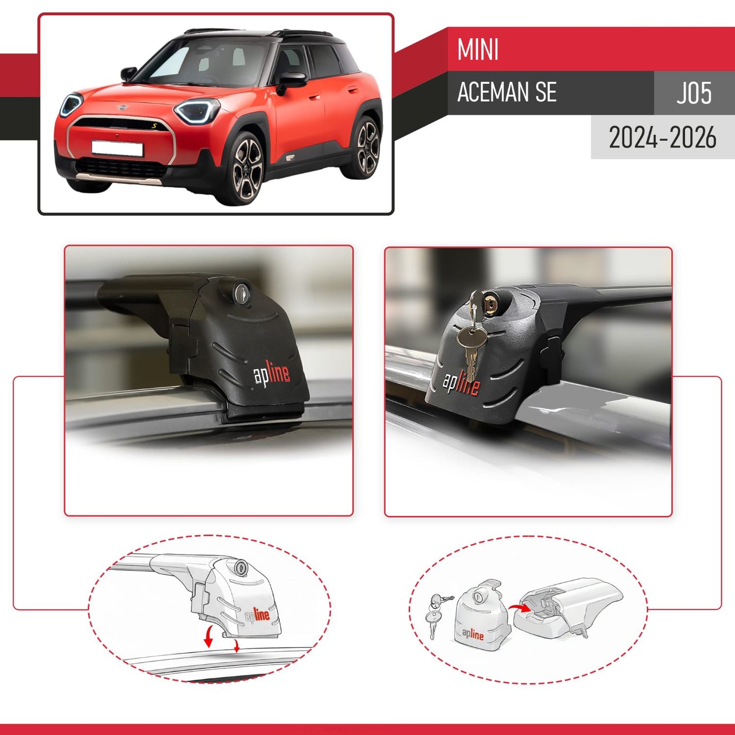 Kompatibel mit Mini Aceman SE 2024-2025 ACE-2 Relingträger Dachträger Auto Gepäckträger Schwarz Aluminium 2 Stangen