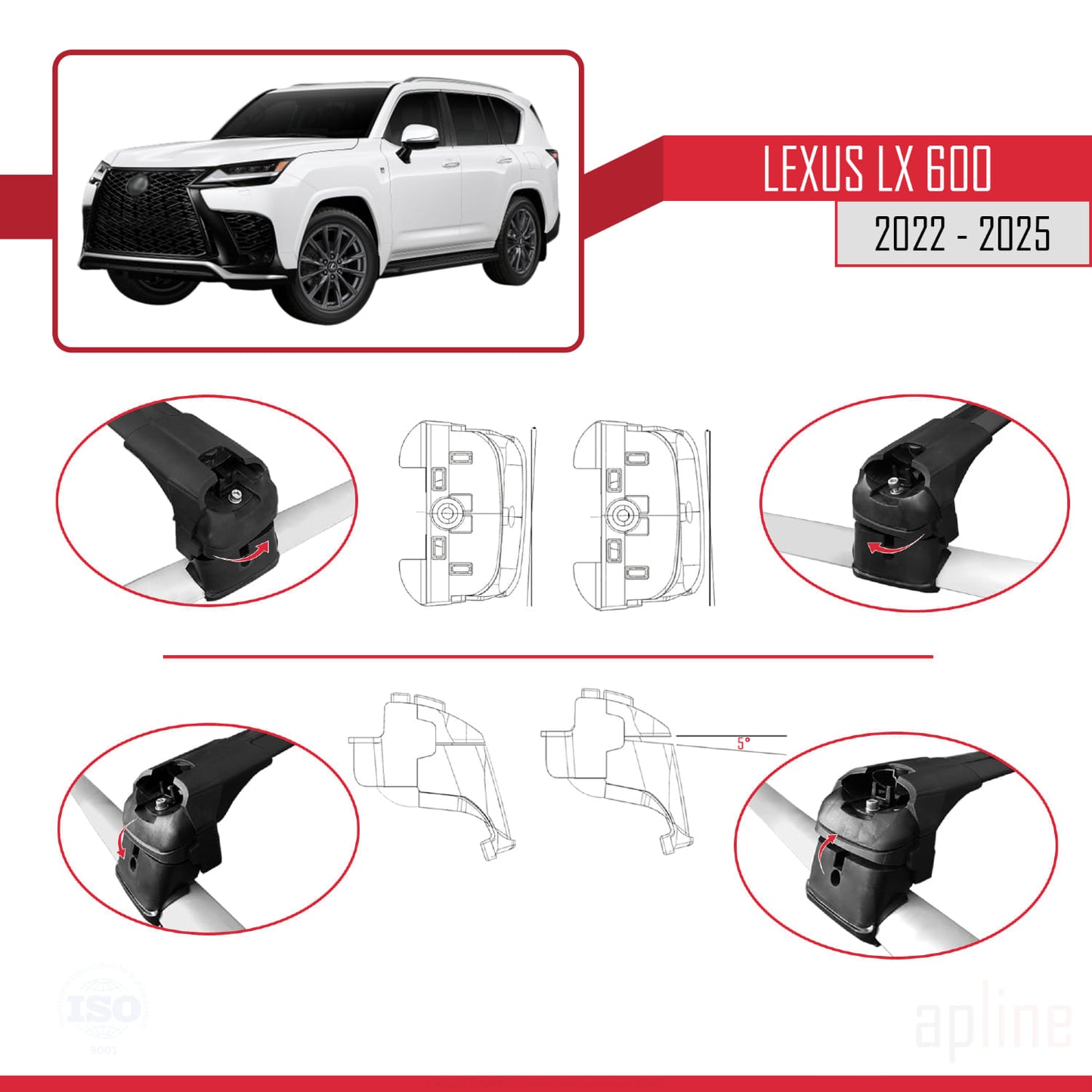 Compatible avec Lexus LX 600 2022-2025 ACE-2 Barres de Toit Railing Porte-Bagages de Voiture Noir Aluminium 2 Barres