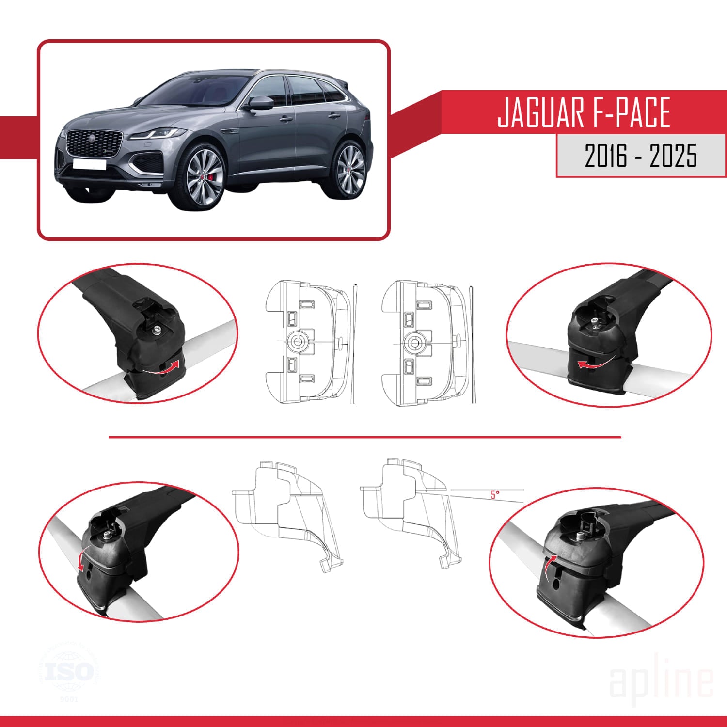 Compatible avec Jaguar F-Pace (X761) 2016-2025 ACE-2 Barres de Toit Railing Porte-Bagages de Voiture Noir Aluminium 2 Barres