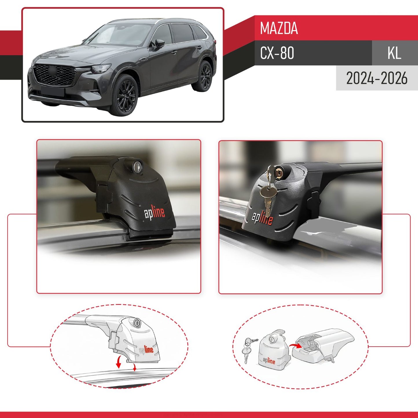 Compatible avec Mazda CX-80 (KL) 2024-2026 ACE-2 modèle Barres de Toit Railing Porte-Bagages de Voiture Noir Aluminium Barres