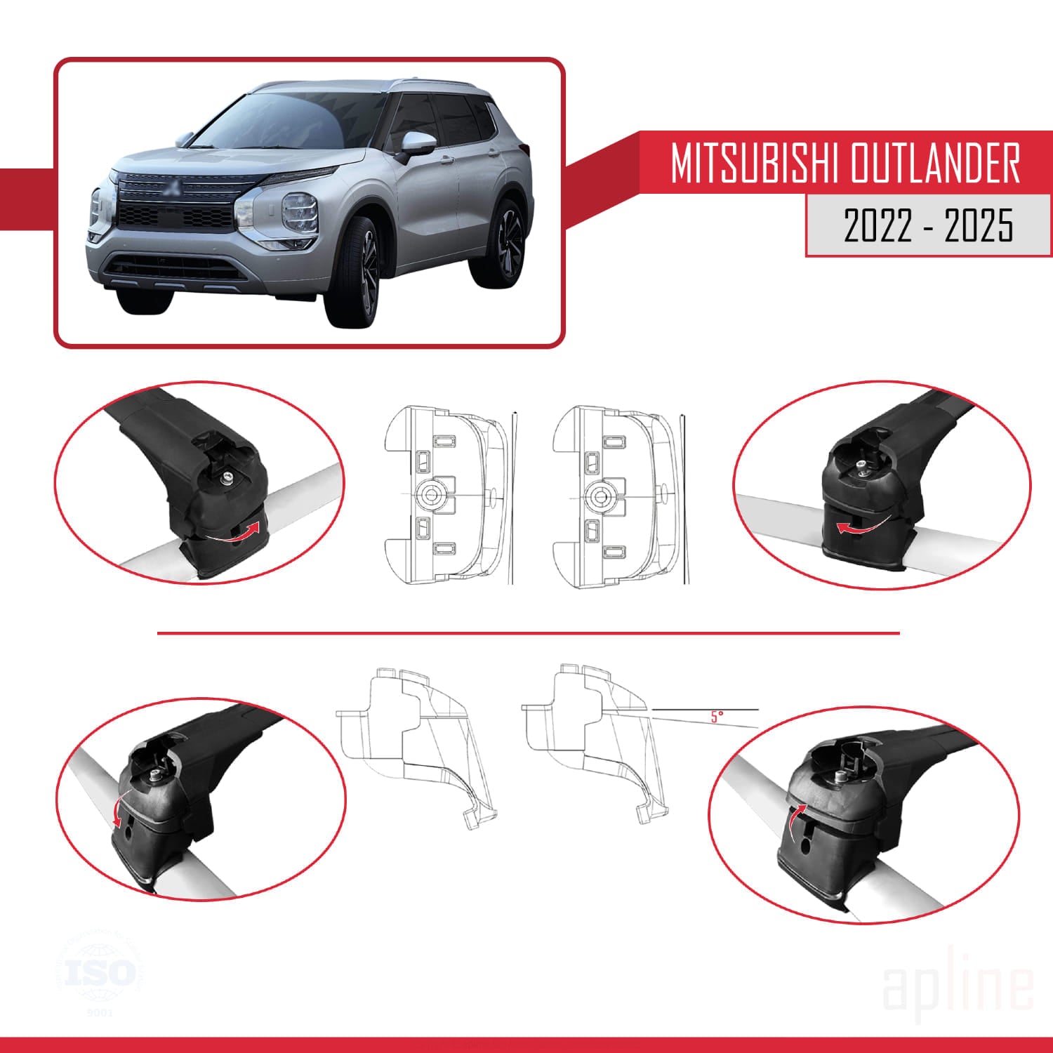 Compatible avec Mitsubishi Outlander 2022-2025 ACE-2 Barres de Toit Railing Porte-Bagages de Voiture Noir Aluminium 2 Barres