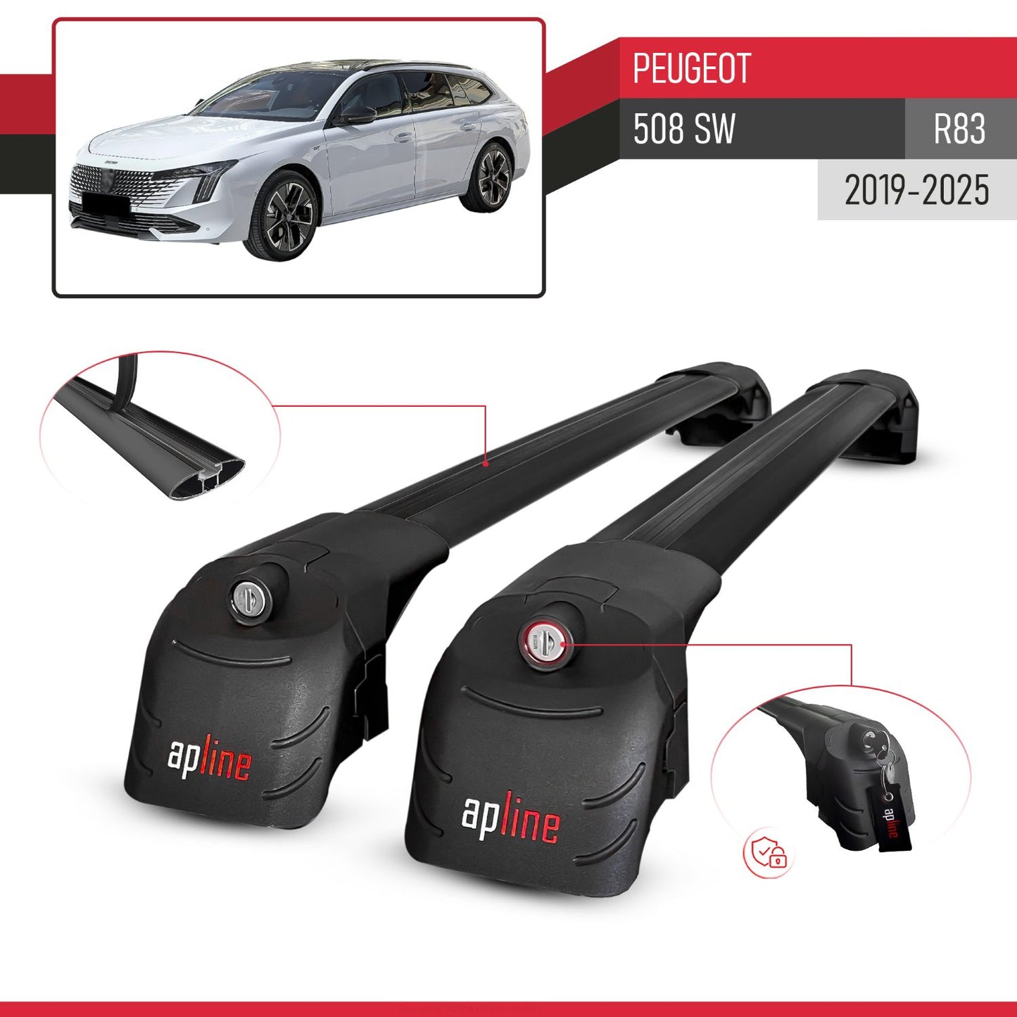 Compatible avec Peugeot 508 SW (R83) 2019-2025 ACE-2 modèle Barres de Toit Railing Porte-Bagages de Voiture Noir Aluminium Barres