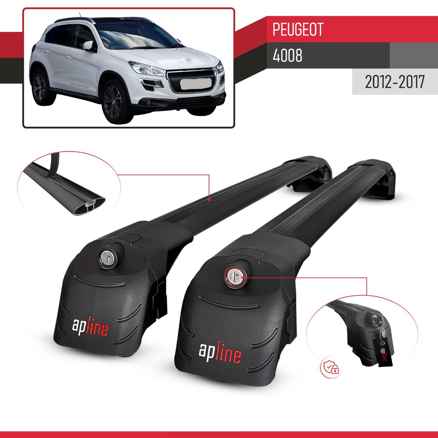 Compatibile con Peugeot 4008 2012-2017 ACE-2 Barre Tetto Portapacchi Auto Barre Portatutto Nero Alluminio 2 Barre