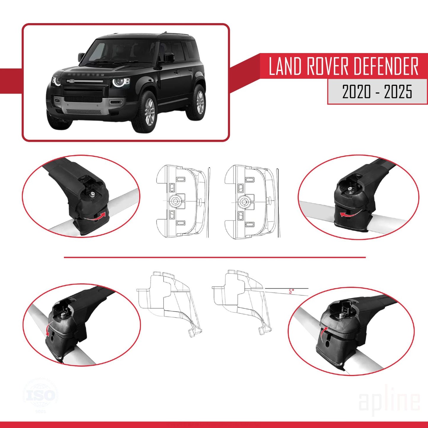 Compatible avec Land Rover Defender 2020-2025 ACE-2 Barres de Toit Railing Porte-Bagages de Voiture Noir Aluminium 2 Barres