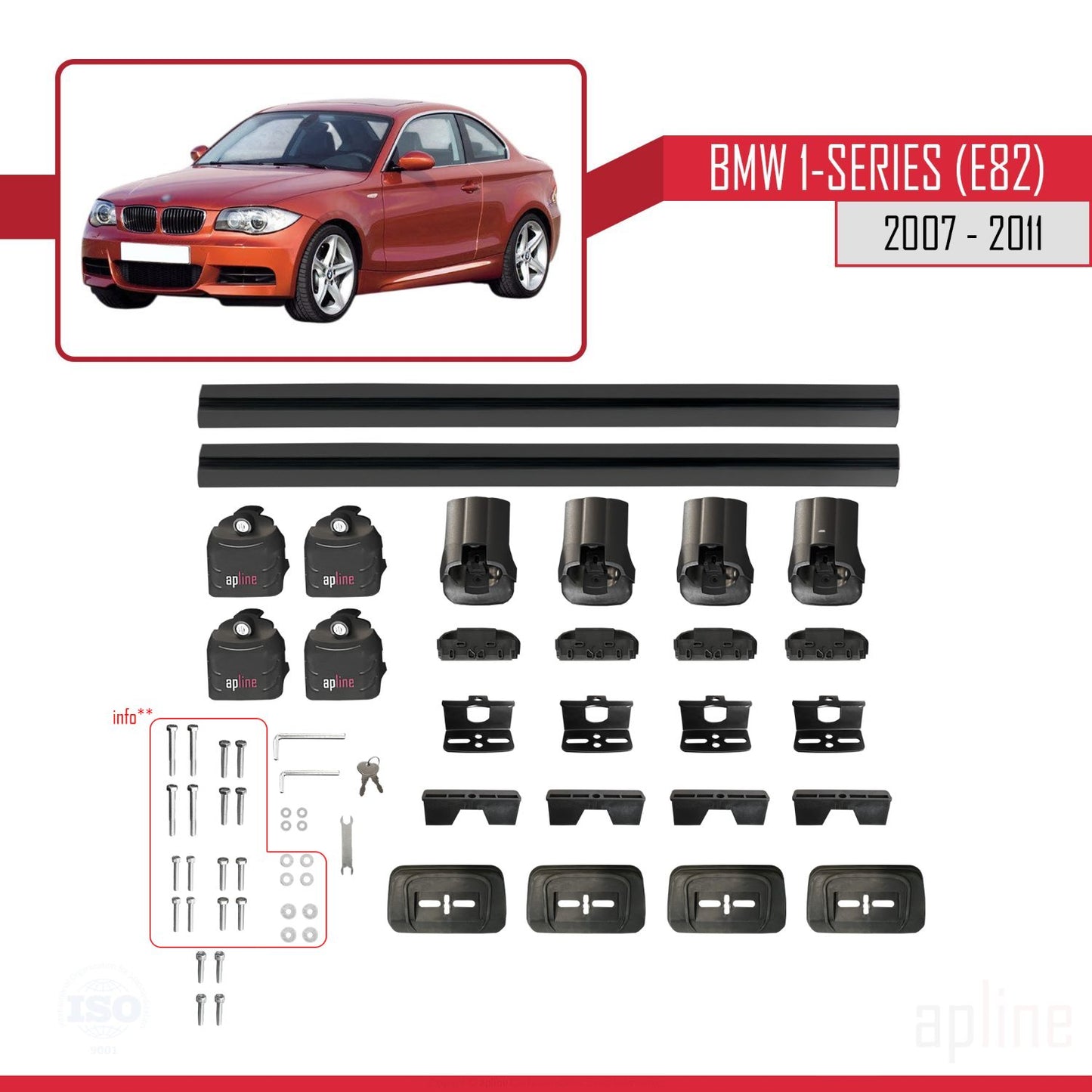 Compatible avec BMW Série 1 (E82) 2007-2013 ACE-3 Barres de Toit Railing Porte-Bagages de Voiture Noir Aluminium 2 Barres