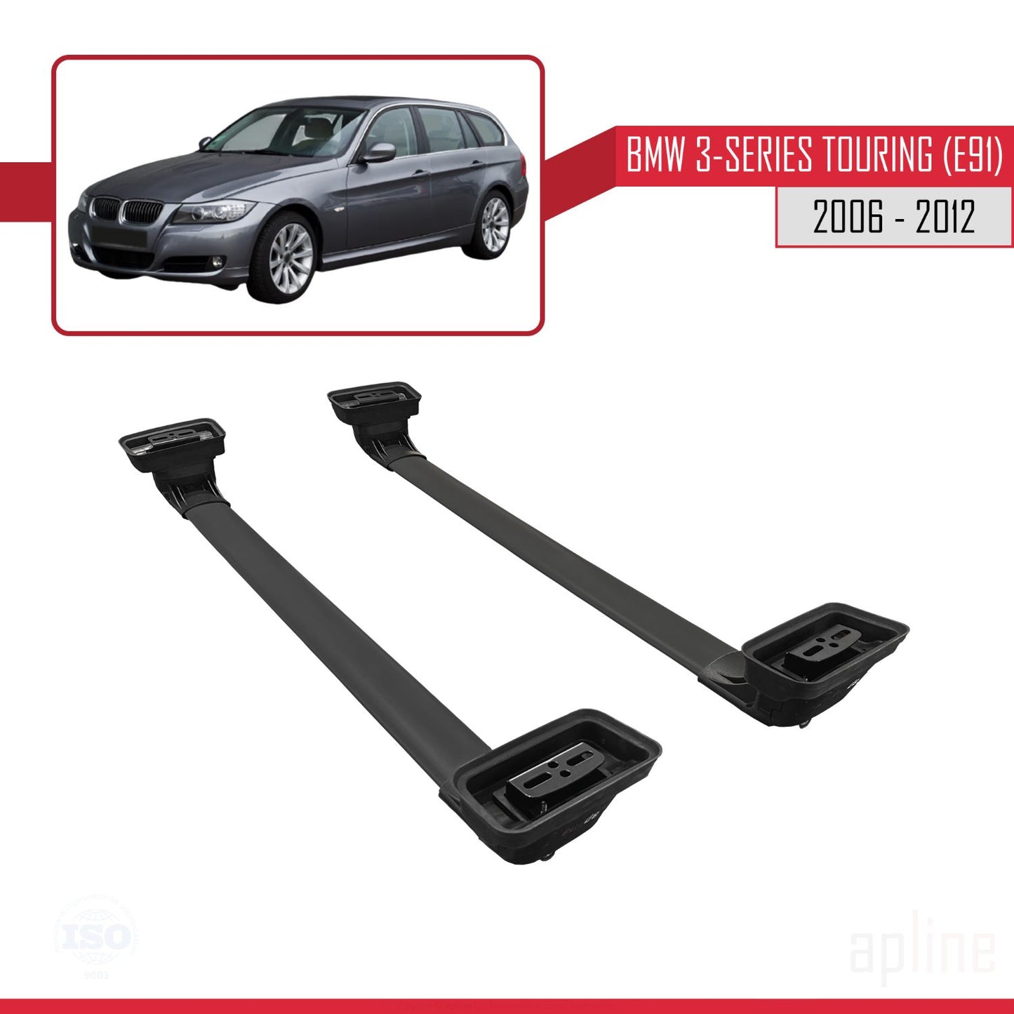 Compatible con BMW Serie 3 Touring (E91) 2006-2012 ACE-3 Barras de Techo Auto Portaequipajes Barras Transversales Negro Aluminio 2 Barras