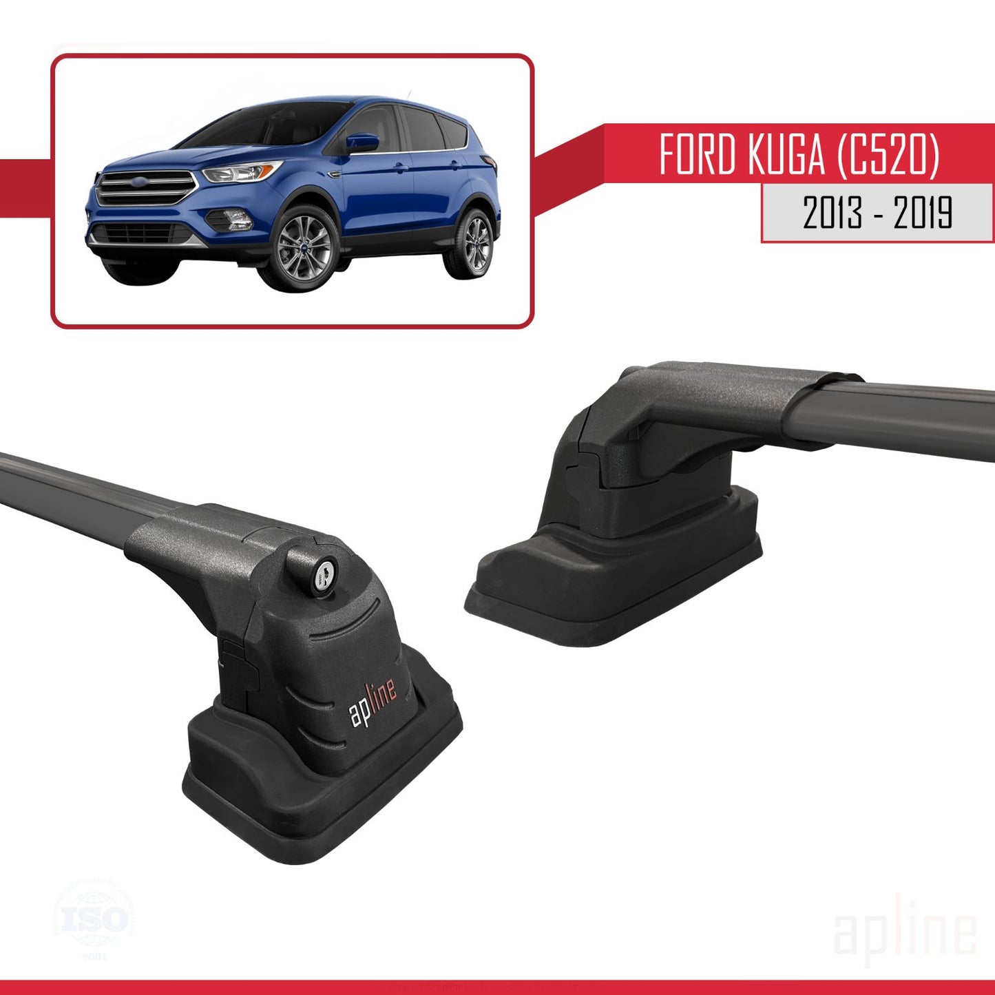 ACE-3 Dakdrager bagagedrager compatibel met Ford Kuga (C520) 2013-2019 Spoorstaven Zwart Aluminium 2 Staven