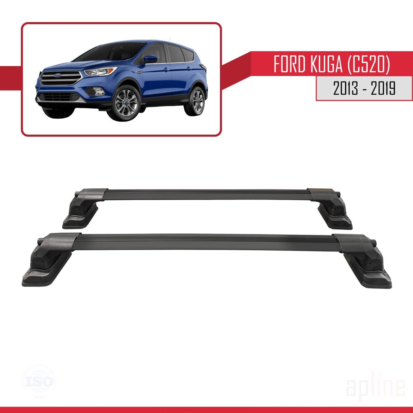 ACE-3 Dakdrager bagagedrager compatibel met Ford Kuga (C520) 2013-2019 Spoorstaven Zwart Aluminium 2 Staven