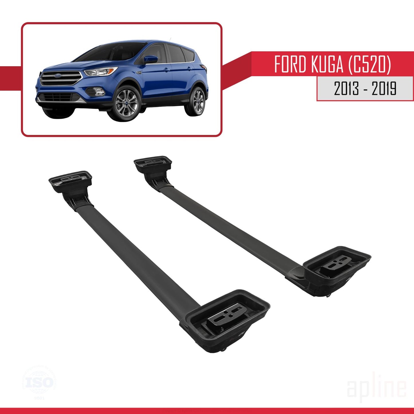 ACE-3 Dakdrager bagagedrager compatibel met Ford Kuga (C520) 2013-2019 Spoorstaven Zwart Aluminium 2 Staven