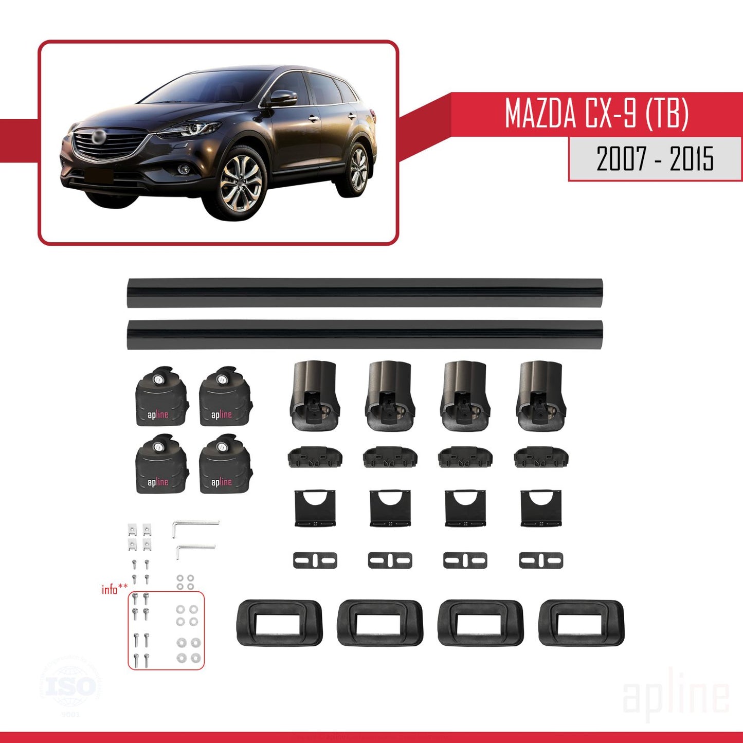 Compatibile con Mazda CX-9 (TB) 2007-2015 ACE-3 Barre Tetto Portapacchi Auto Barre Portatutto Nero Alluminio 2 Barre
