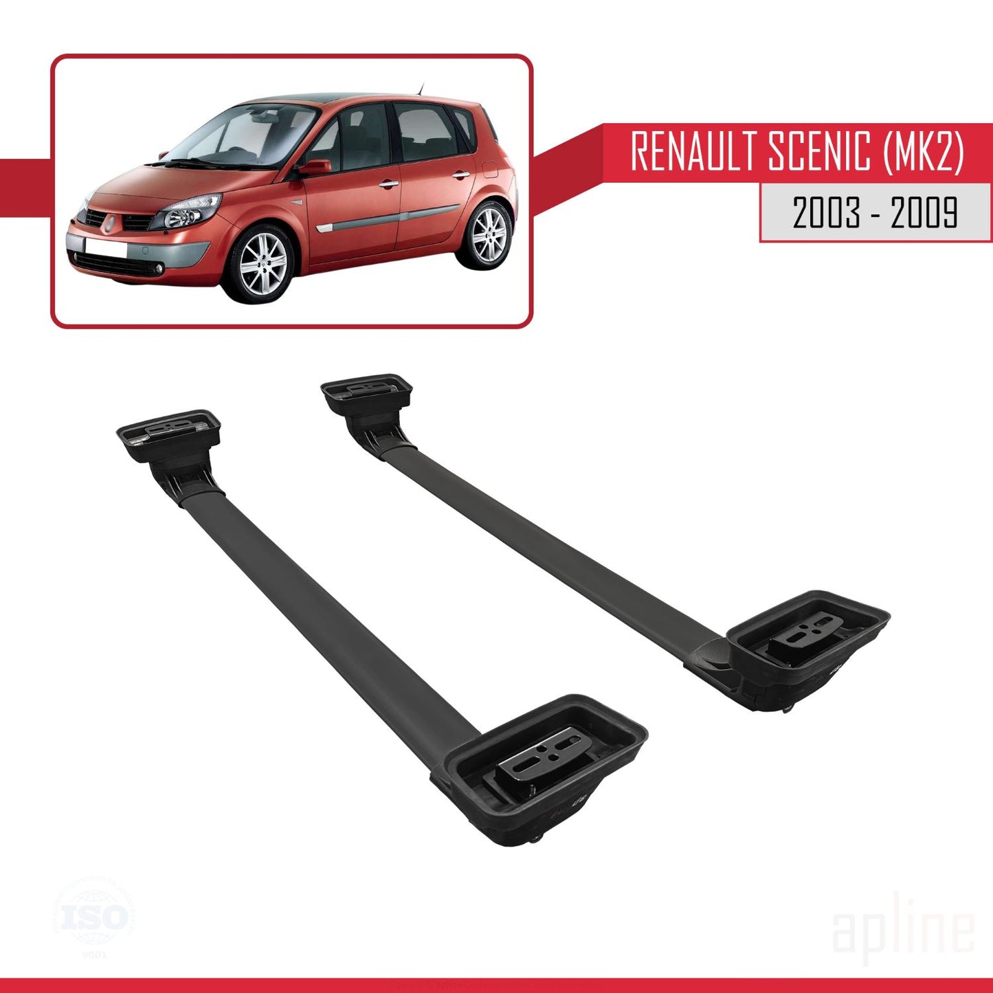Compatible avec Renault Scenic (MK2) 2003-2009 ACE-3 Barres de Toit Railing Porte-Bagages de Voiture Noir Aluminium 2 Barres