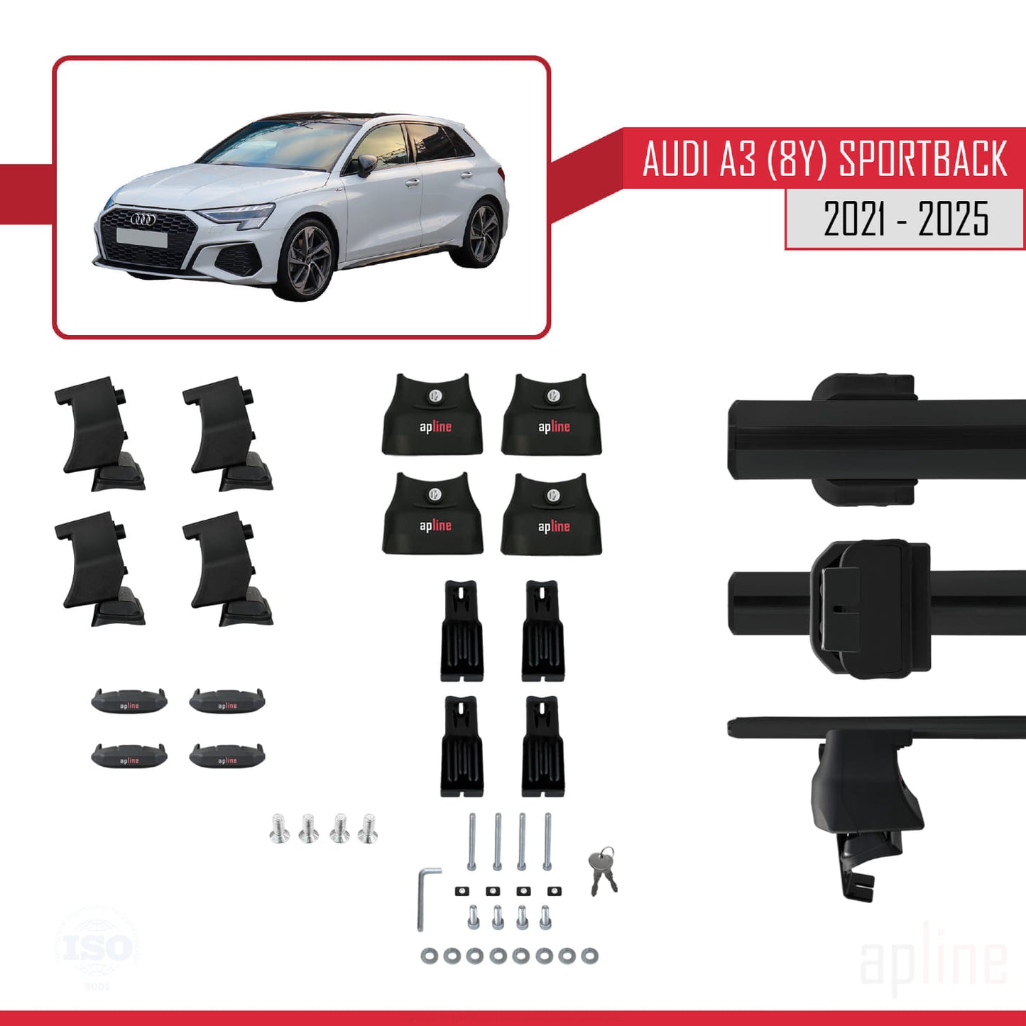 Compatibile con A3 (8Y) Sportback 2020-2025 ACE-4 Barre portatutto per auto Portapacchi in alluminio nero 2 barre