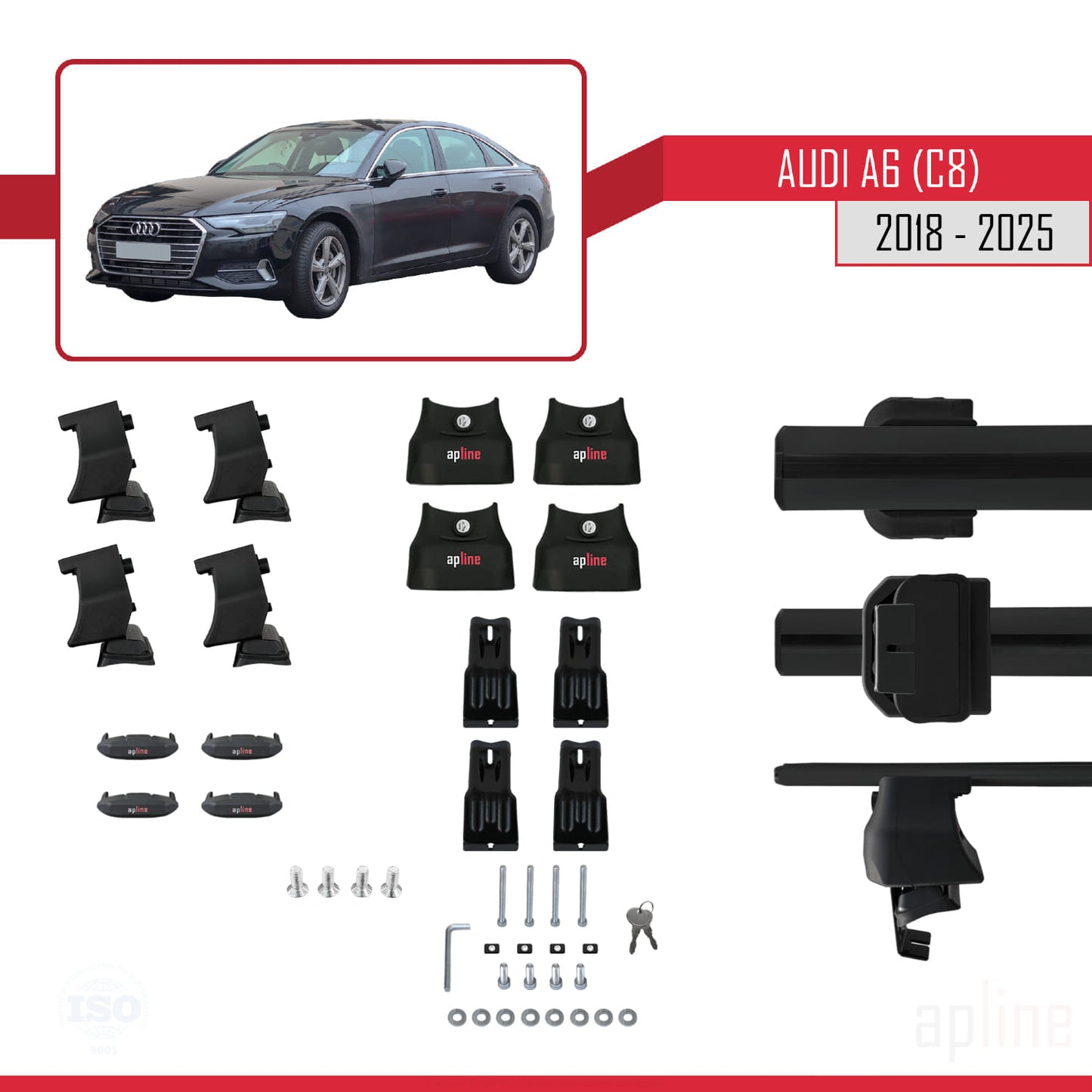 ACE-4 Dakdrager bagagedrager compatibel met A6 (C8) 2018-2025 Spoorstaven Zwart Aluminium 2 Staven