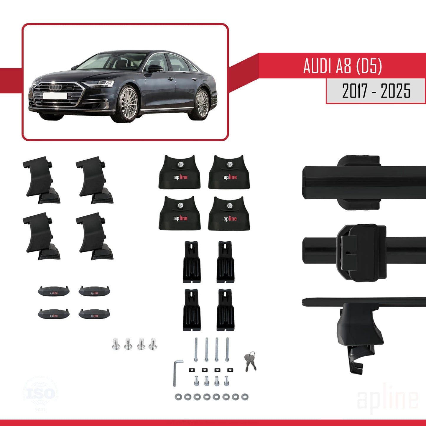 Compatible avec A8 (D5/4N) 2017-2025 ACE-4 Barres de Toit Railing Porte-Bagages de Voiture Noir Aluminium 2 Barres