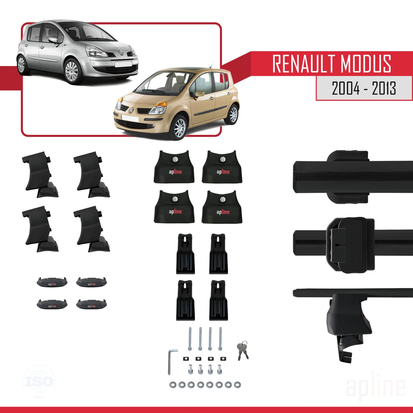 ACE-4 Dakdrager bagagedrager compatibel met Renault Modus 2004-2013 Spoorstaven Zwart Aluminium 2 Staven