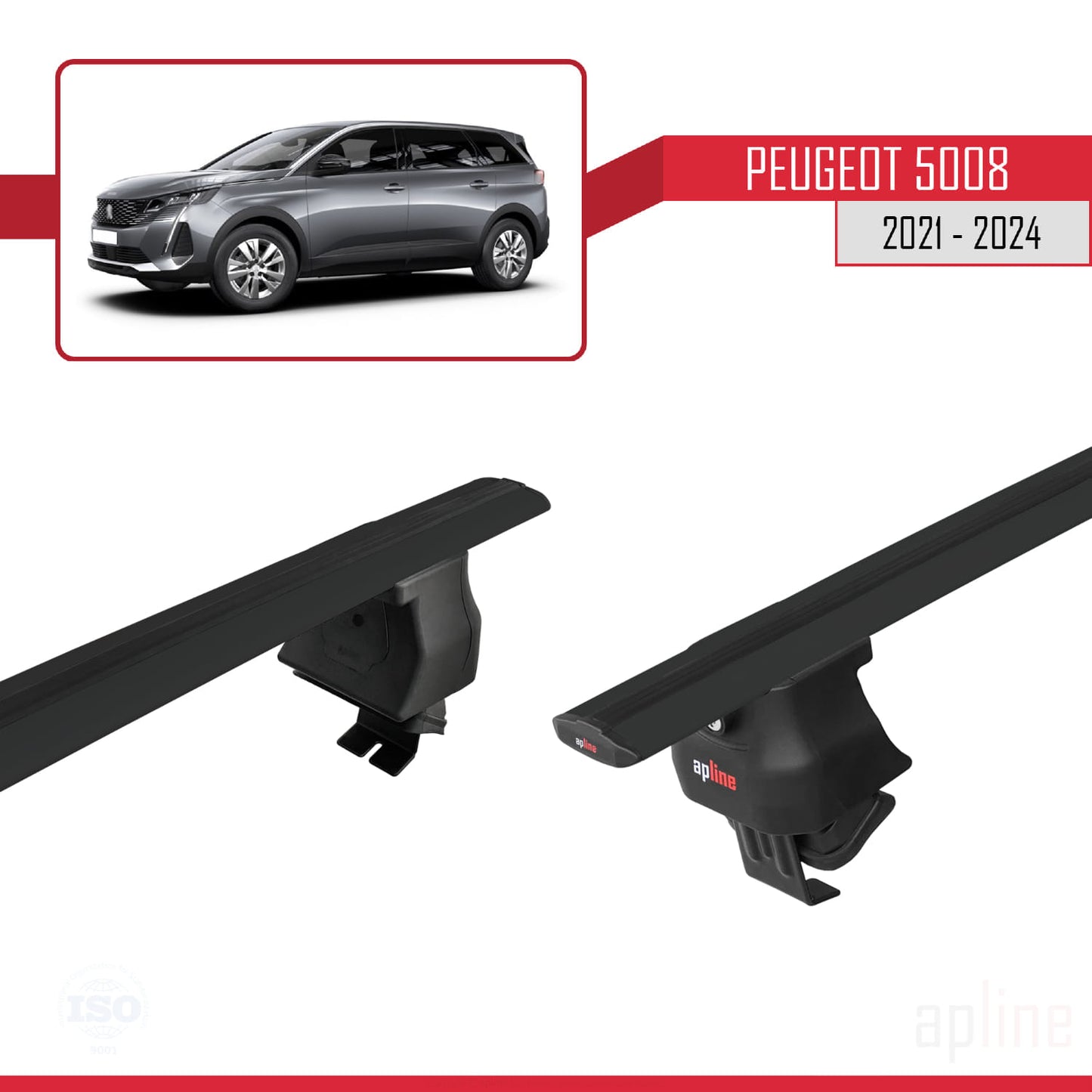 Compatible avec Peugeot 5008 II (P87) Post-Facelift 2021-2024 ACE-4 Barres de Toit Railing Porte-Bagages de Voiture Noir Aluminium 2 Barres