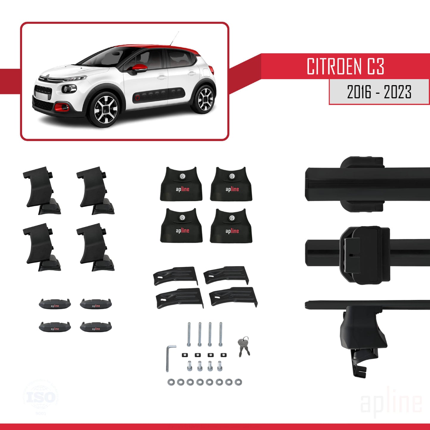Compatible avec Citroen C3 III (SX/SY) 2016-2023 ACE-4 Barres de Toit Railing Porte-Bagages de Voiture Noir Aluminium 2 Barres