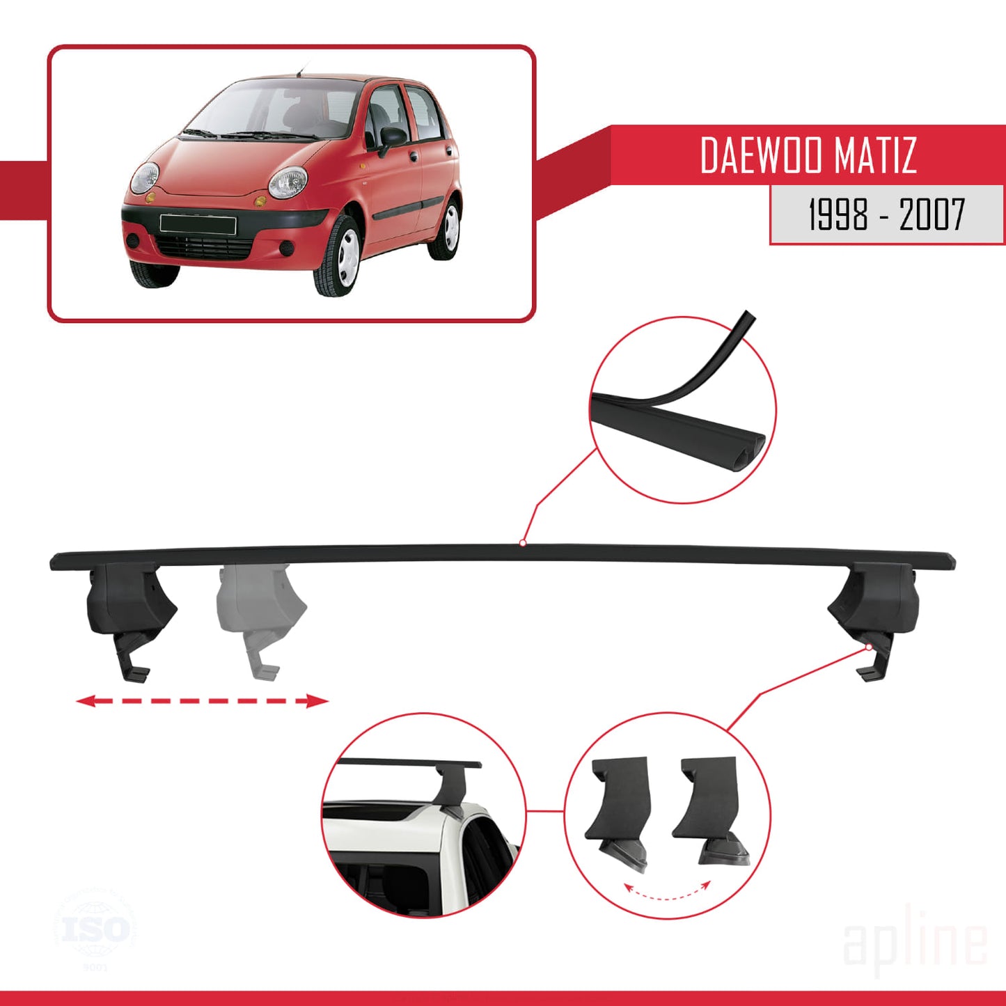 Compatible avec Daewoo Matiz 1998-2007 ACE-4 Barres de Toit Railing Porte-Bagages de Voiture Noir Aluminium 2 Barres