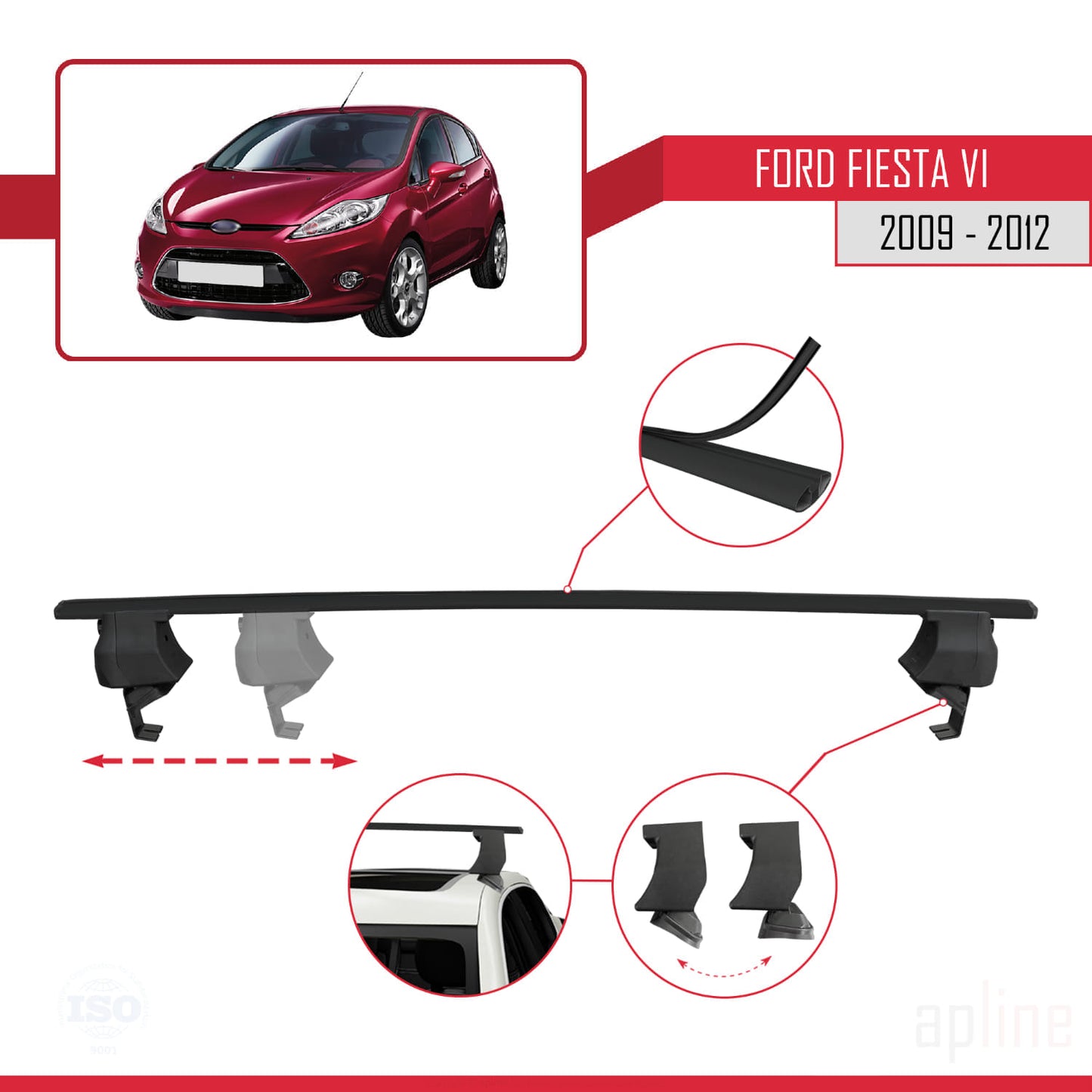 Compatible avec Ford Fiesta 6 Pre-Facelift 2009-2012 ACE-4 Barres de Toit Railing Porte-Bagages de Voiture Noir Aluminium 2 Barres