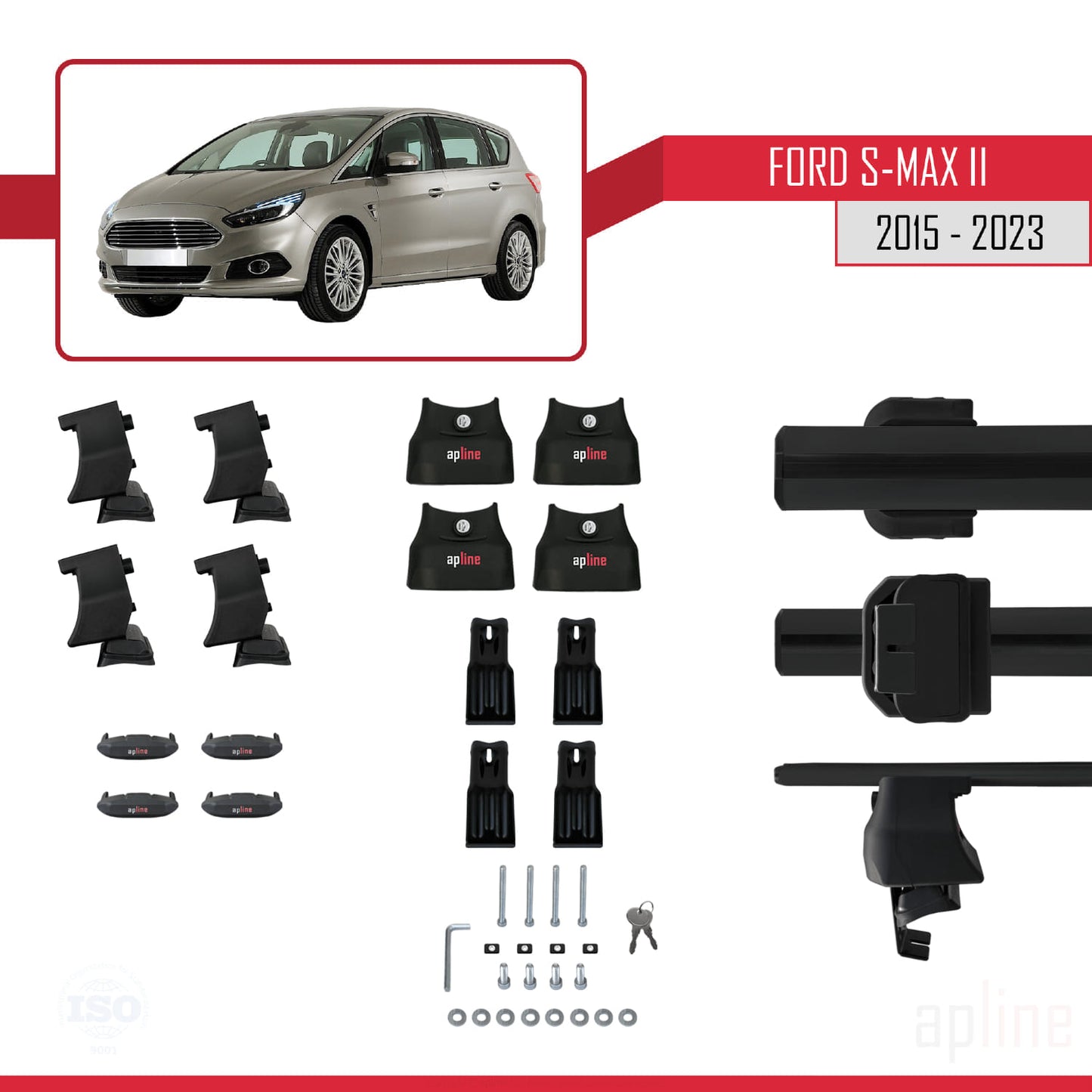 Kompatibel mit Ford S-Max 2 (CD539) 2015-2023 ACE-4 Dachträger Auto-Dachgepäckträger Reling Schwarzes Aluminium 2 Stangen
