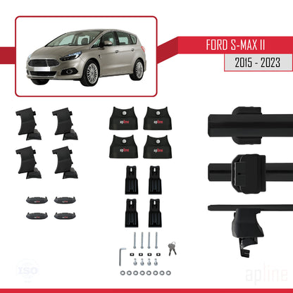 Kompatibel mit Ford S-Max 2 (CD539) 2015-2023 ACE-4 Dachträger Auto-Dachgepäckträger Reling Schwarzes Aluminium 2 Stangen