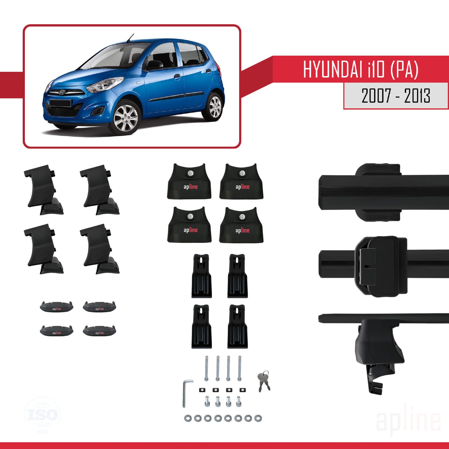 Compatible avec Hyundai i10 (PA) 2007-2013 ACE-4 Barres de Toit Railing Porte-Bagages de Voiture Noir Aluminium 2 Barres