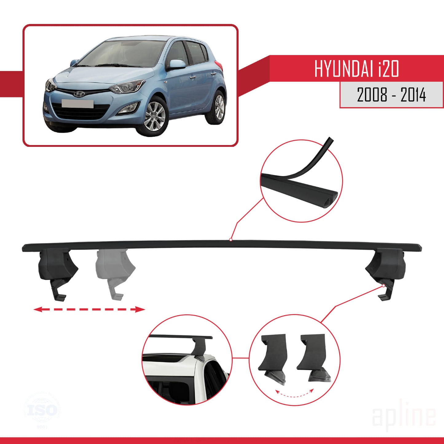 Compatible avec Hyundai i20 (PB) 2008-2014 ACE-4 Barres de Toit Railing Porte-Bagages de Voiture Noir Aluminium 2 Barres