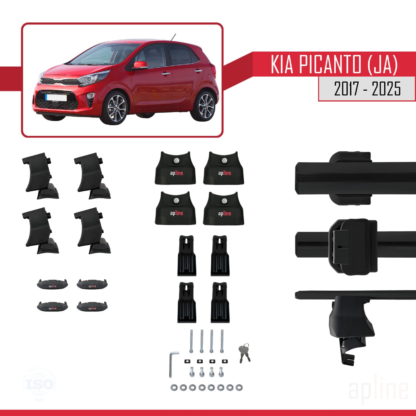 Compatible avec Kia Picanto 3 (JA) 2017-2025 ACE-4 Barres de Toit Railing Porte-Bagages de Voiture Noir Aluminium 2 Barres