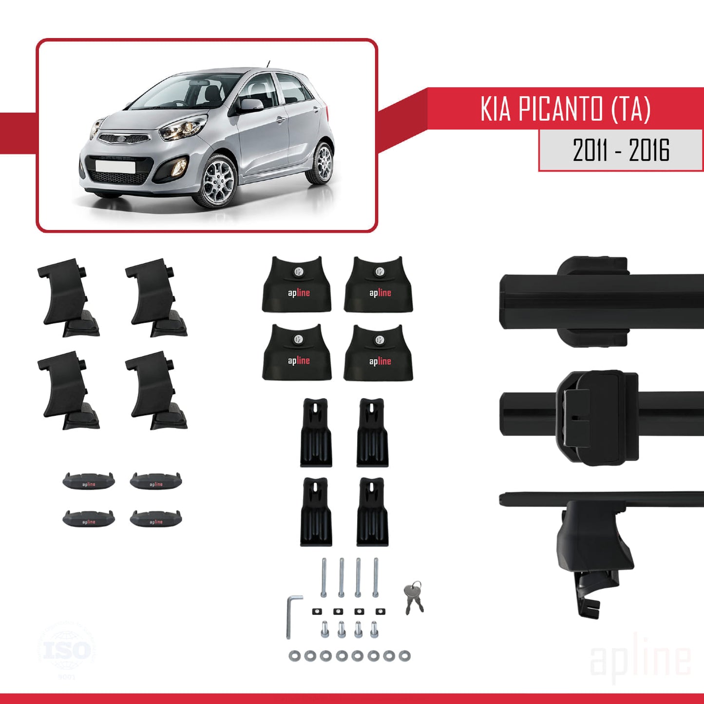 Compatible avec Kia Picanto 2 (TA) 2011-2016 ACE-4 Barres de Toit Railing Porte-Bagages de Voiture Noir Aluminium 2 Barres