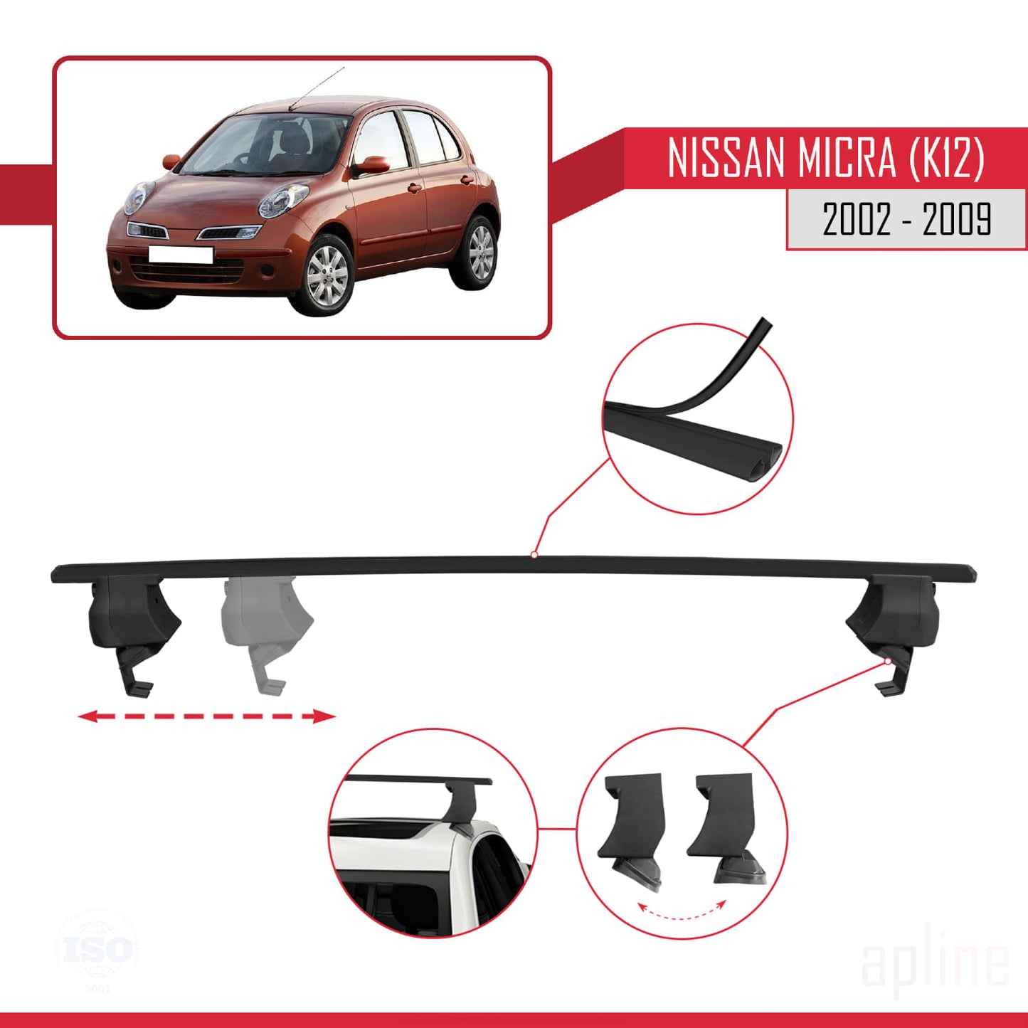 Compatible avec Nissan Micra 3 (K12) 2002-2009 ACE-4 Barres de Toit Railing Porte-Bagages de Voiture Noir Aluminium 2 Barres