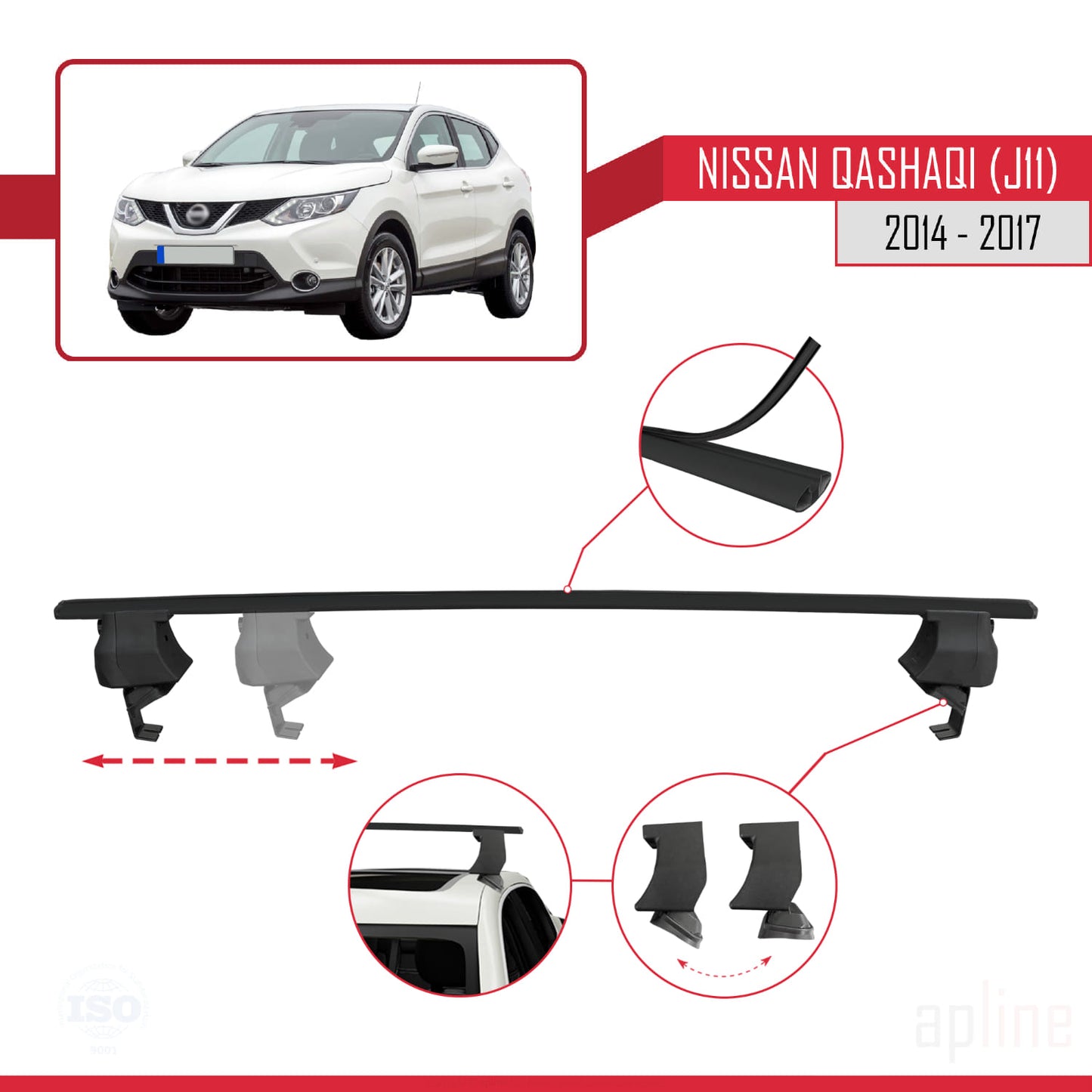 Compatible con Nissan Qashqai 2 (J11) Pre-Facelift 2014-2017 ACE-4 Barras de Techo Auto Portaequipajes Barras Transversales Negro Aluminio 2 Barras