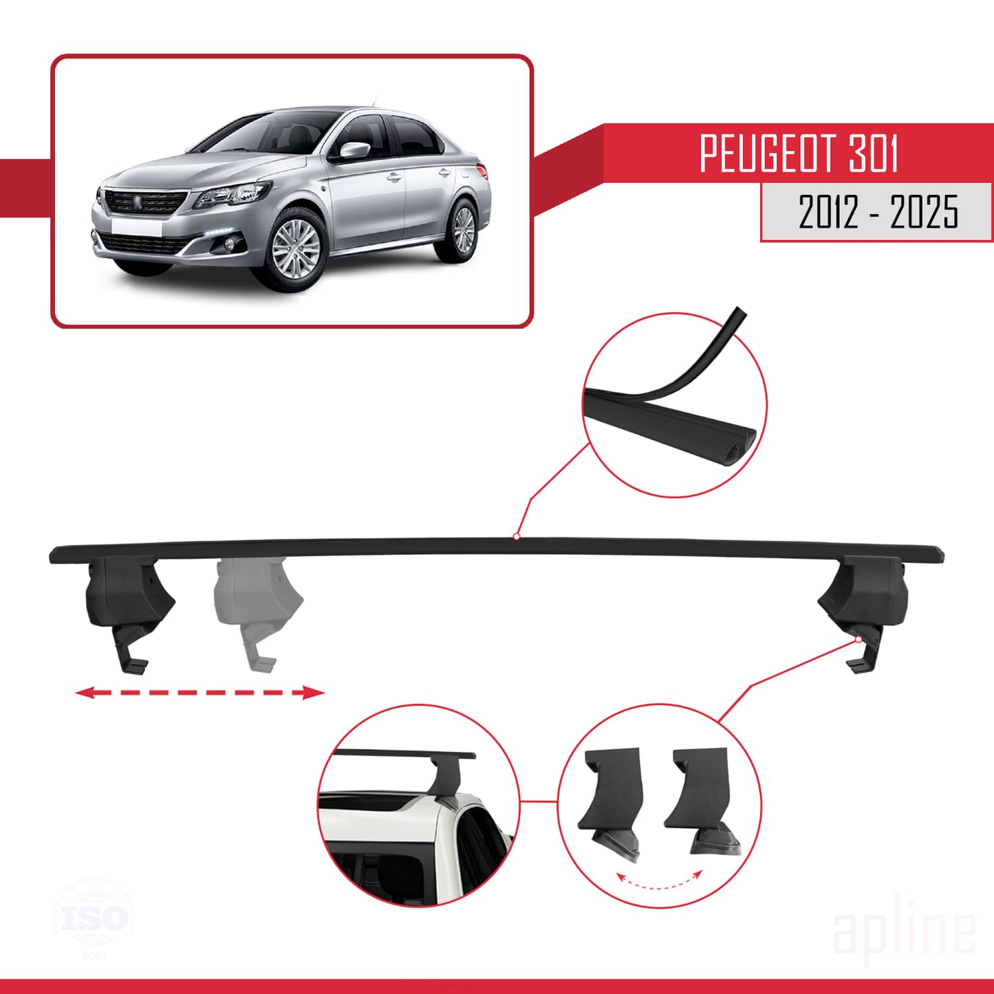 Compatible avec Peugeot 301 2012-2025 ACE-4 Barres de Toit Railing Porte-Bagages de Voiture Noir Aluminium 2 Barres