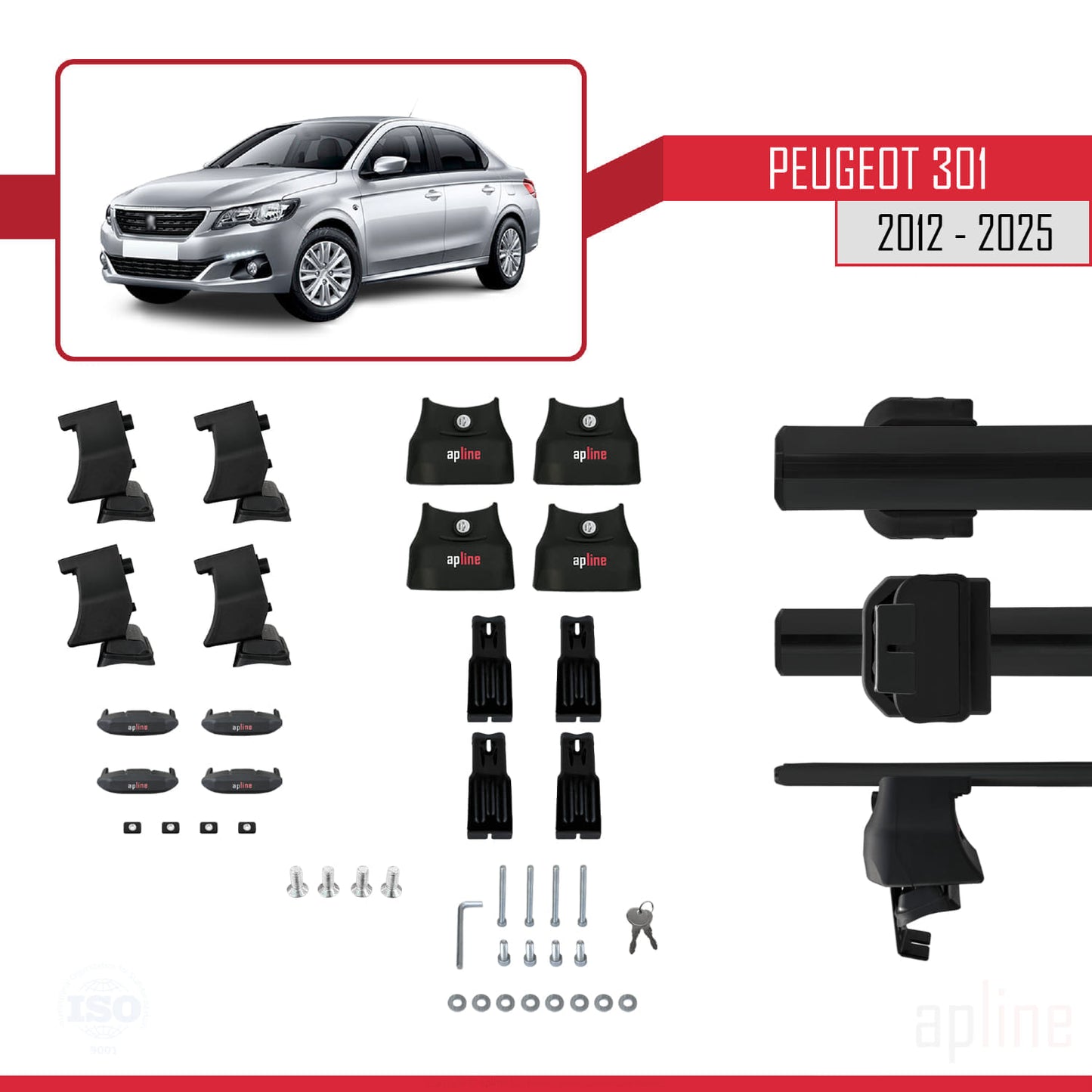 Compatible avec Peugeot 301 2012-2025 ACE-4 Barres de Toit Railing Porte-Bagages de Voiture Noir Aluminium 2 Barres