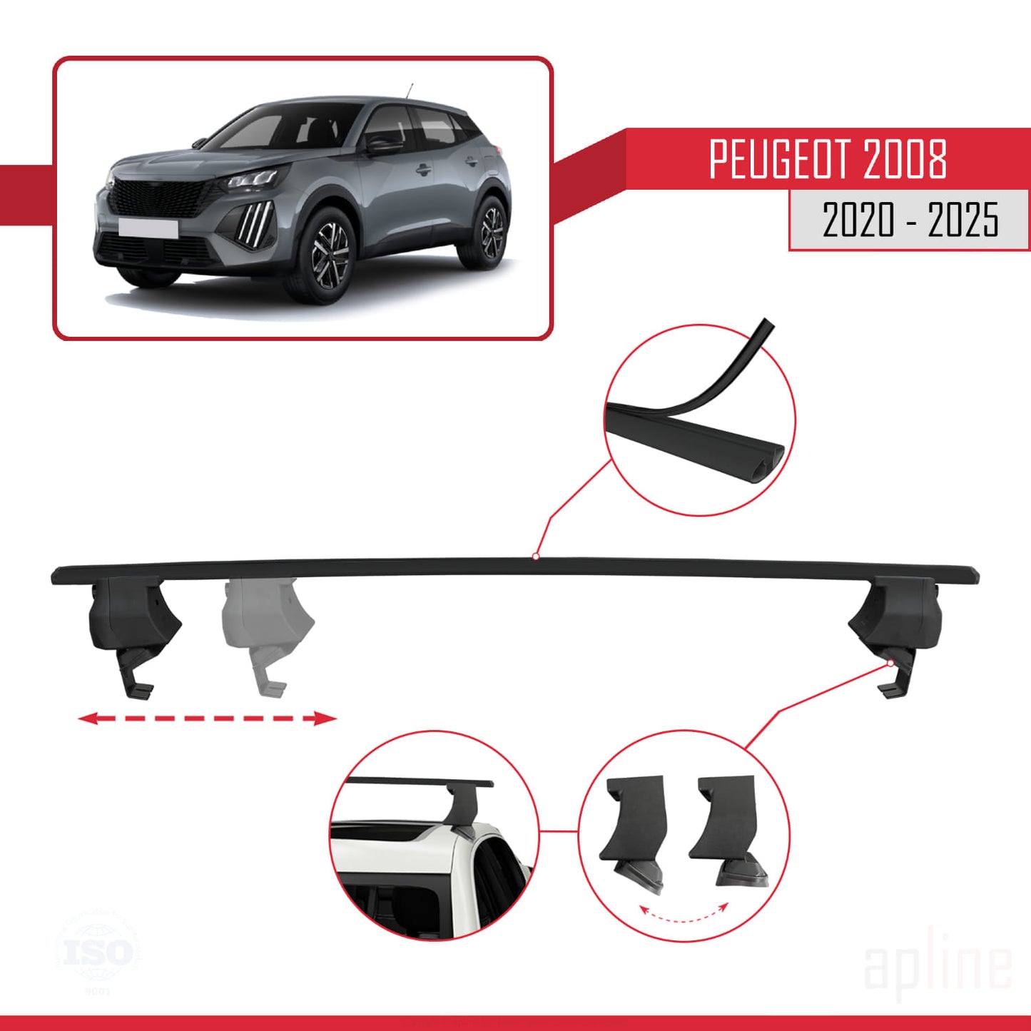 Compatible avec Peugeot 2008 II (P24) 2020-2025 ACE-4 Barres de Toit Railing Porte-Bagages de Voiture Noir Aluminium 2 Barres