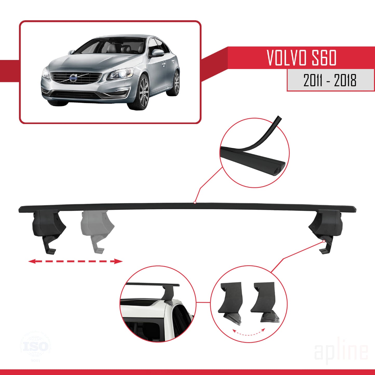 Compatible con Volvo S60 II 2011-2018 ACE-4 Barras de Techo Auto Portaequipajes Barras Transversales Negro Aluminio 2 Barras