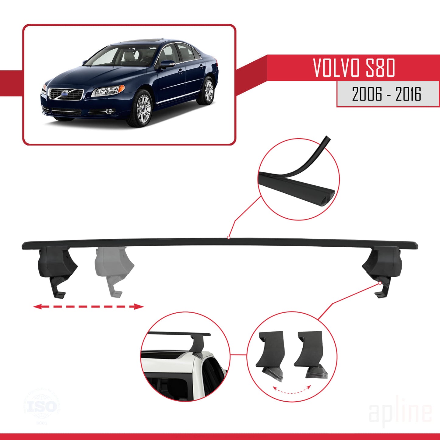 Compatible con Volvo S80 II 2006-2016 ACE-4 Barras de Techo Auto Portaequipajes Barras Transversales Negro Aluminio 2 Barras