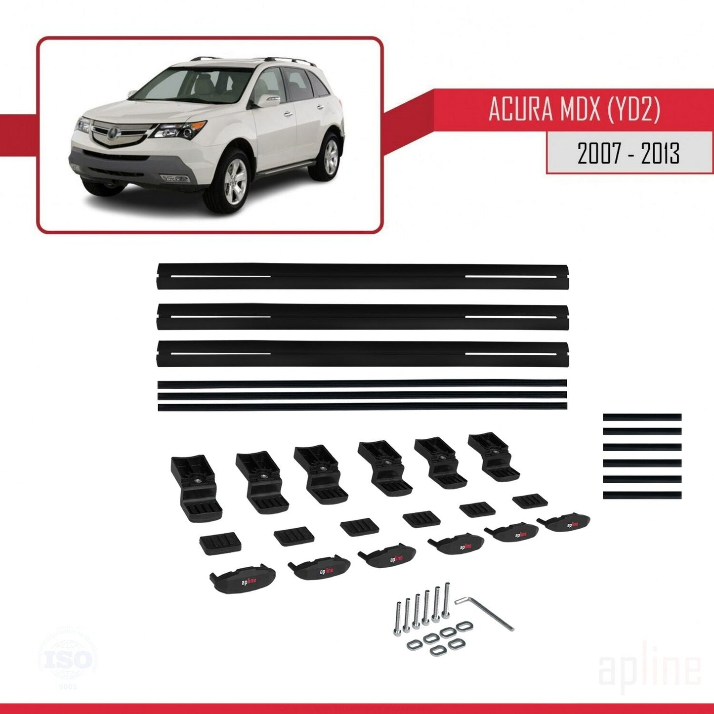 BASIC Model Dakdrager bagagedrager compatibel met Acura MDX (YD2) 2007-2013 Spoorstaven Zwart Aluminium 3 Staven