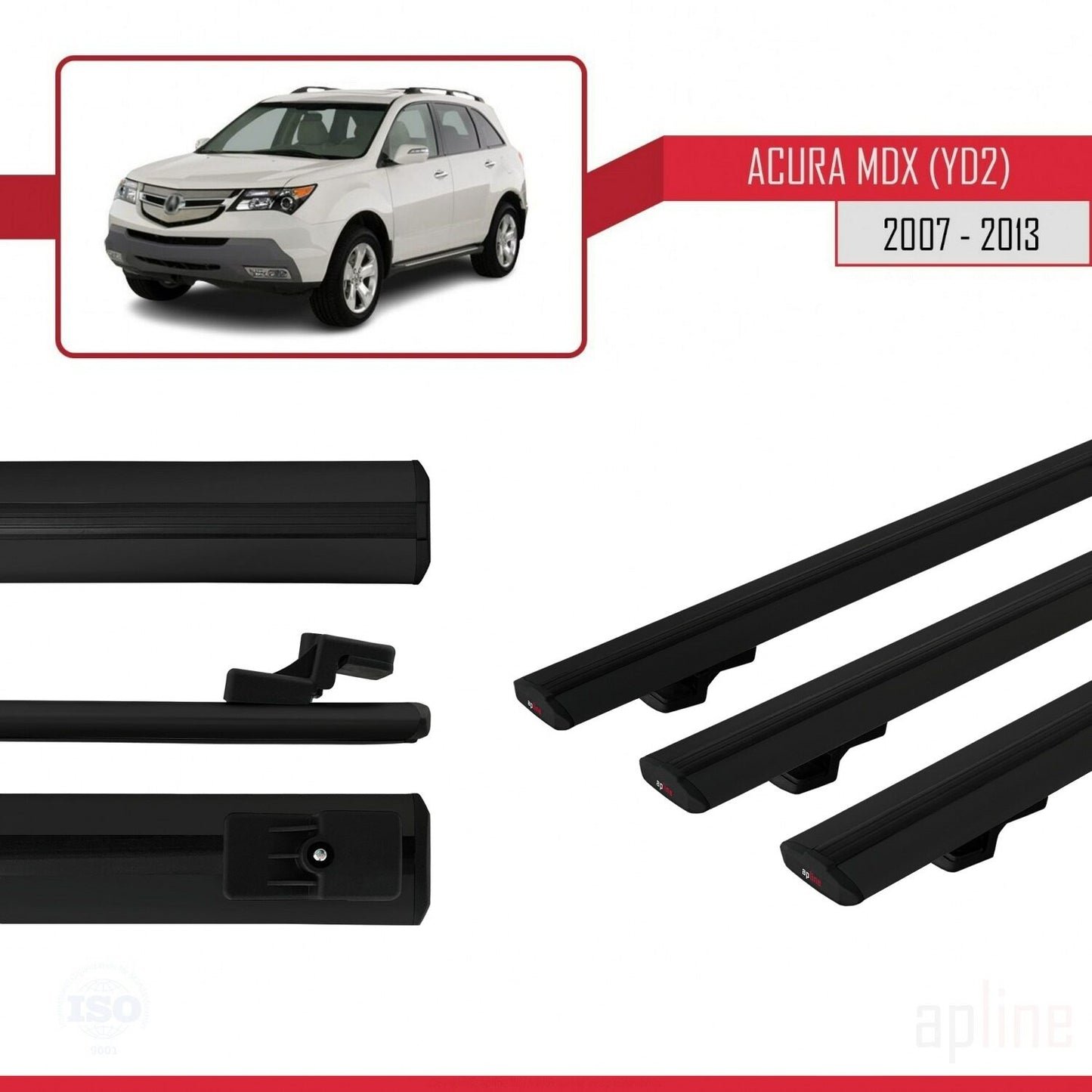 BASIC Model Dakdrager bagagedrager compatibel met Acura MDX (YD2) 2007-2013 Spoorstaven Zwart Aluminium 3 Staven