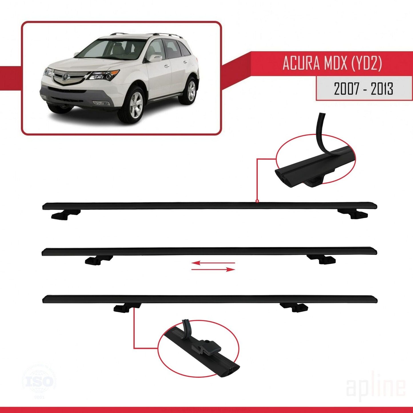 BASIC Model Dakdrager bagagedrager compatibel met Acura MDX (YD2) 2007-2013 Spoorstaven Zwart Aluminium 3 Staven
