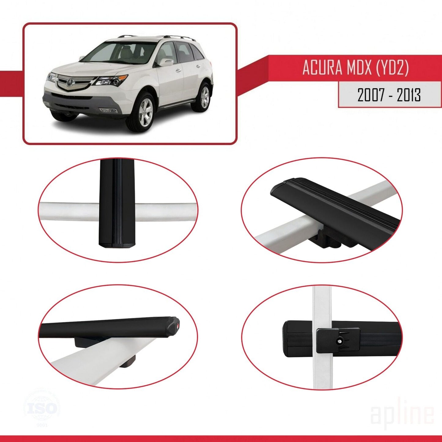 Compatible con Acura MDX (YD2) 2007-2013 BASIC Model Barras de Techo Auto Portaequipajes Barras Transversales Negro Aluminio 2 Barras