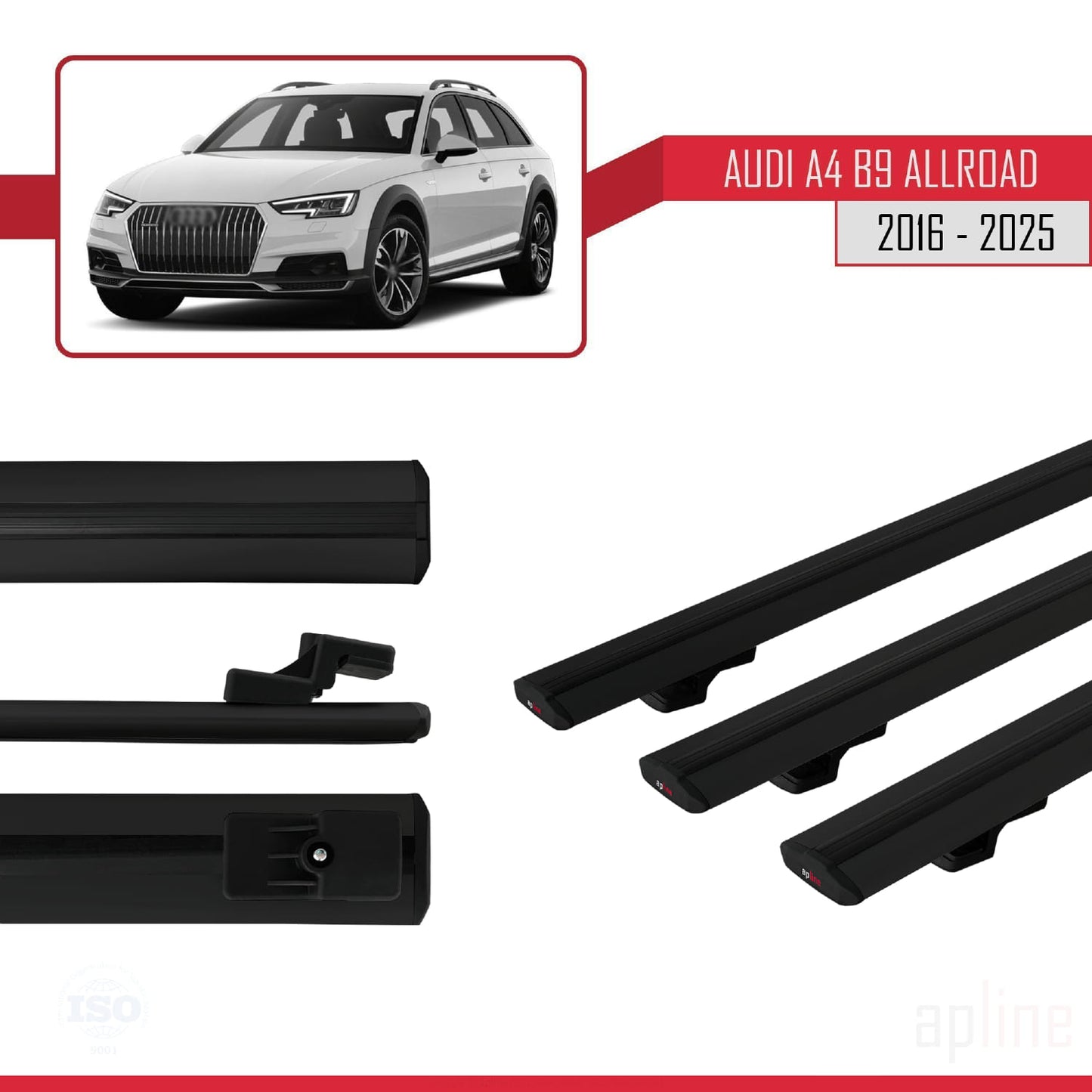 Compatible con A4 (B9) Allroad 2016-2025 BASIC Model Barras de Techo Auto Portaequipajes Barras Transversales Negro Aluminio 3 Barras