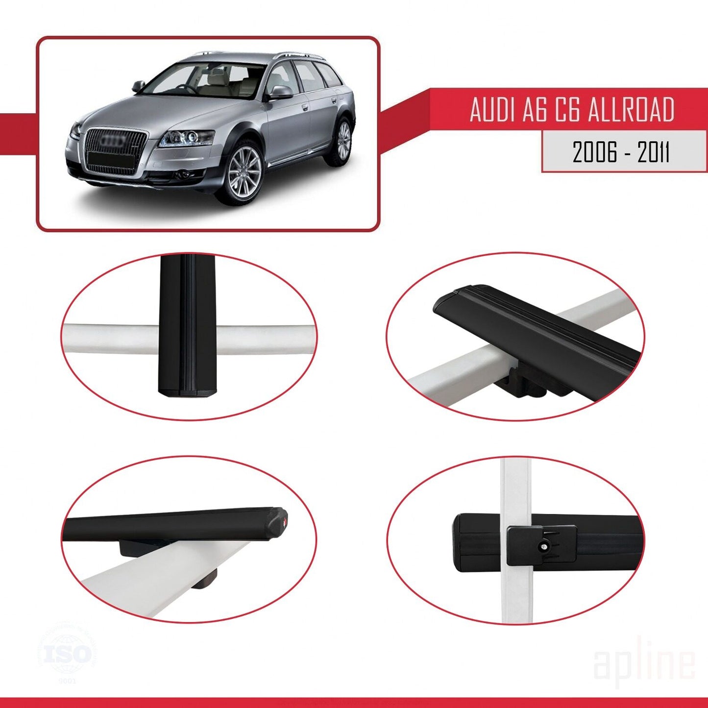 Compatible con A6 (C6) Allroad 2006-2011 BASIC Model Barras de Techo Auto Portaequipajes Barras Transversales Negro Aluminio 2 Barras