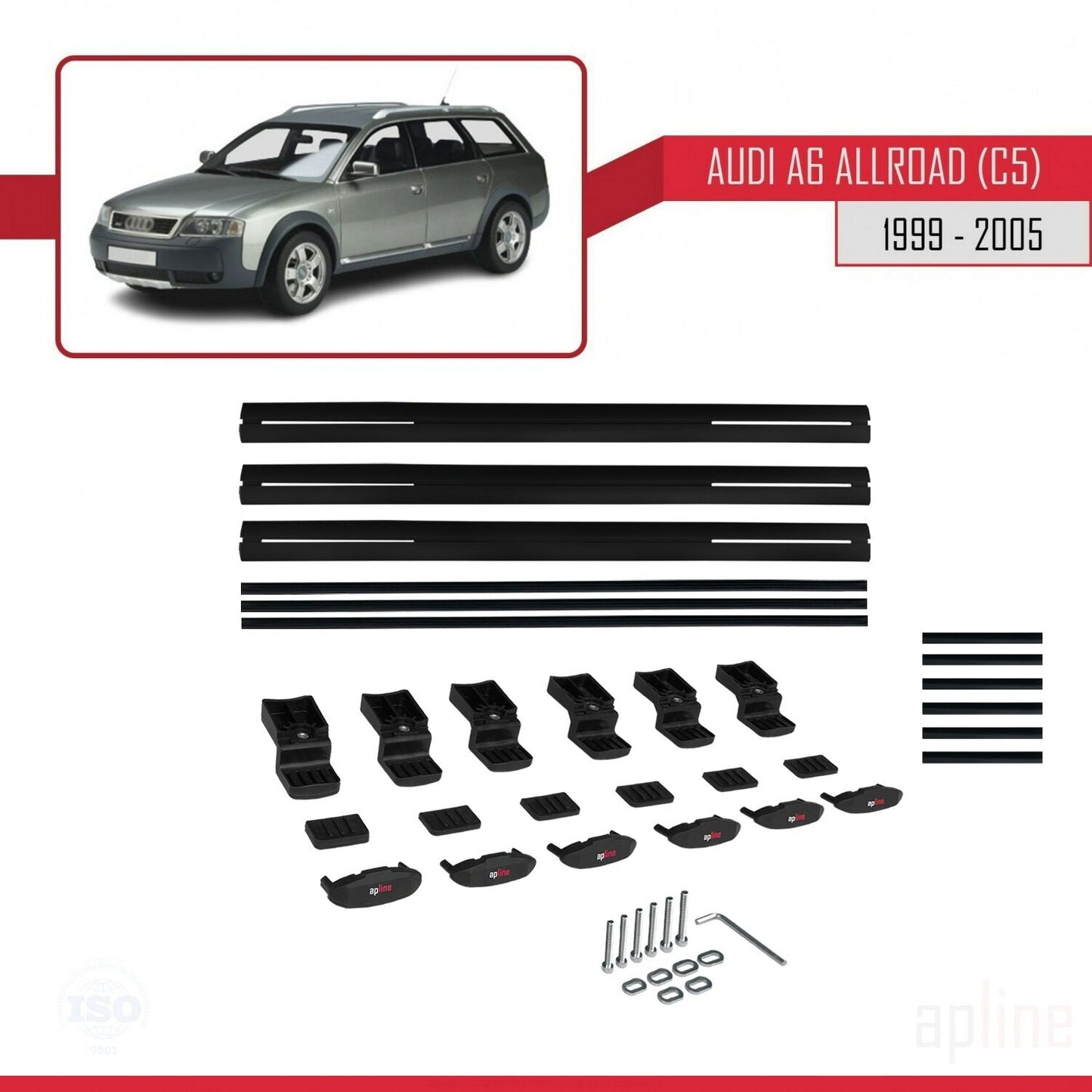 Compatible con A6 (C5) Allroad 1999-2005 BASIC Model Barras de Techo Auto Portaequipajes Barras Transversales Negro Aluminio 3 Barras