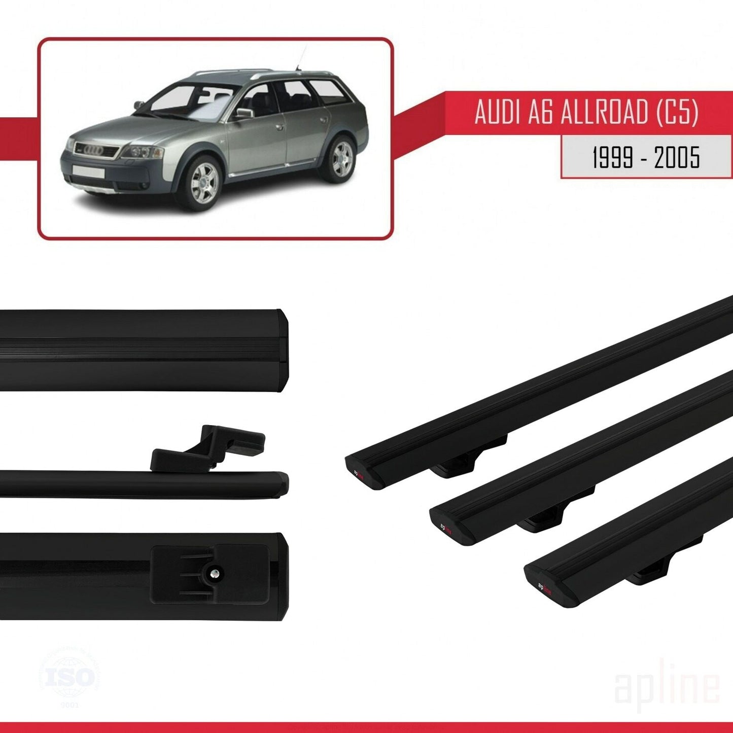Compatible con A6 (C5) Allroad 1999-2005 BASIC Model Barras de Techo Auto Portaequipajes Barras Transversales Negro Aluminio 3 Barras